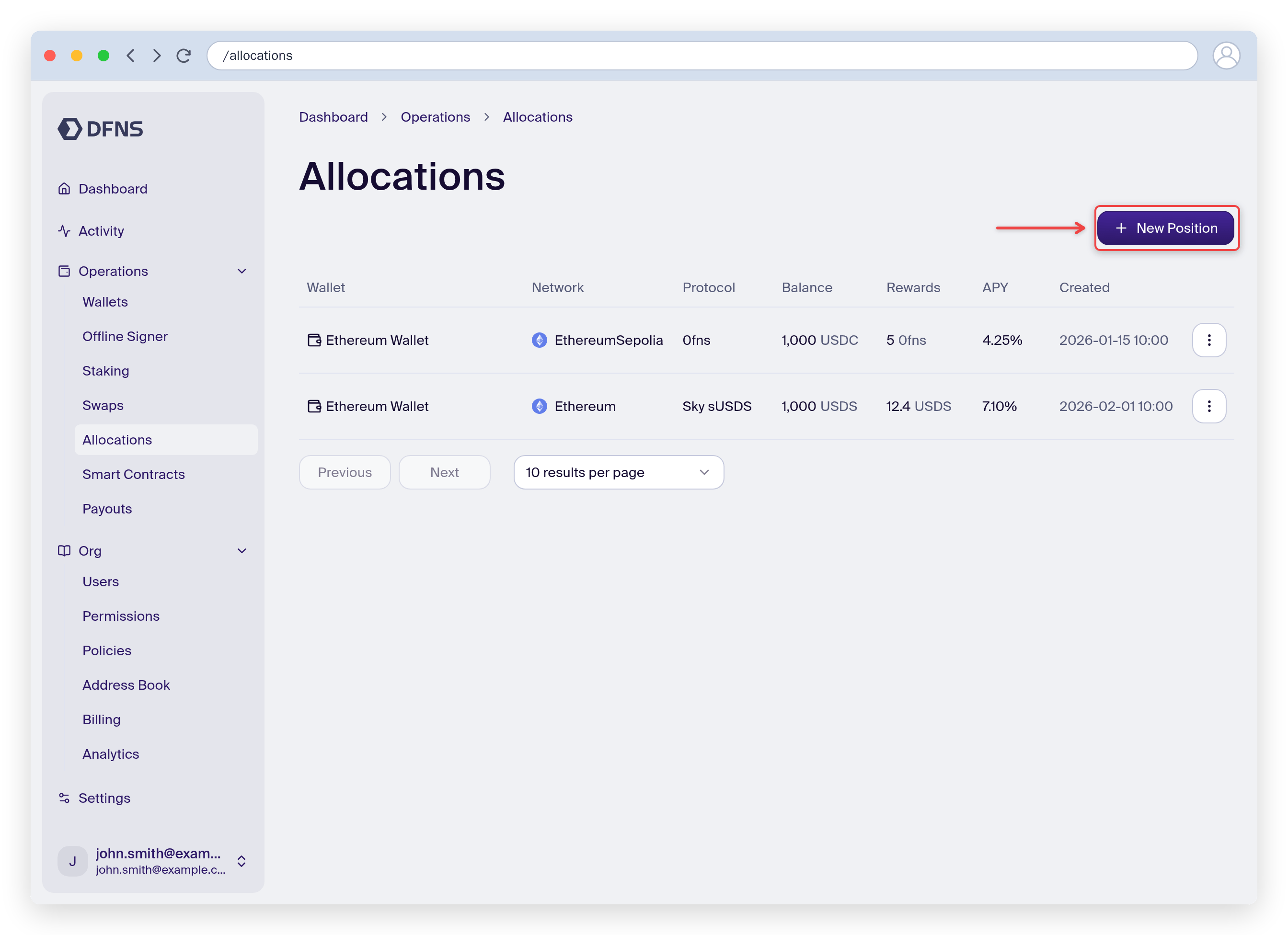 Allocations list with the Create Position button highlighted