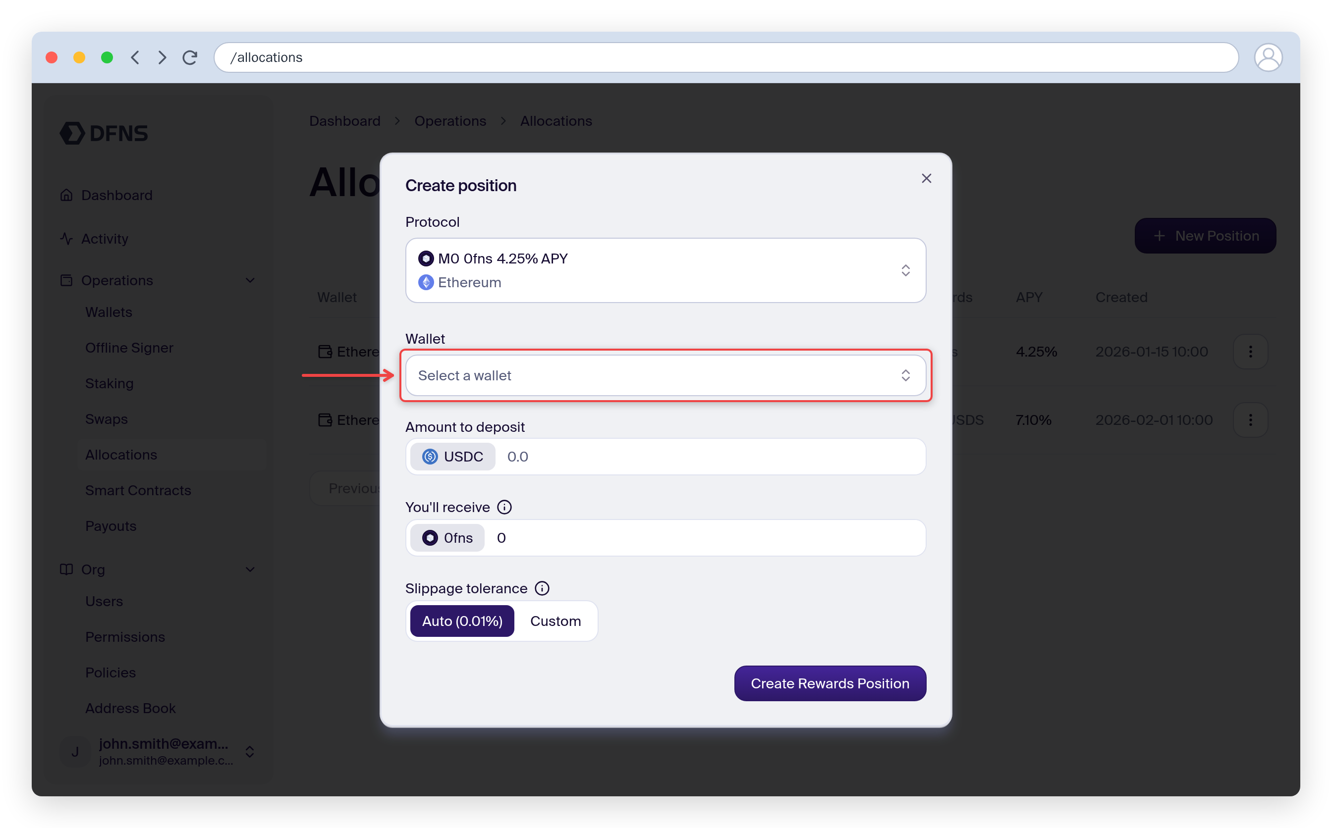 Create-position modal with the wallet selector