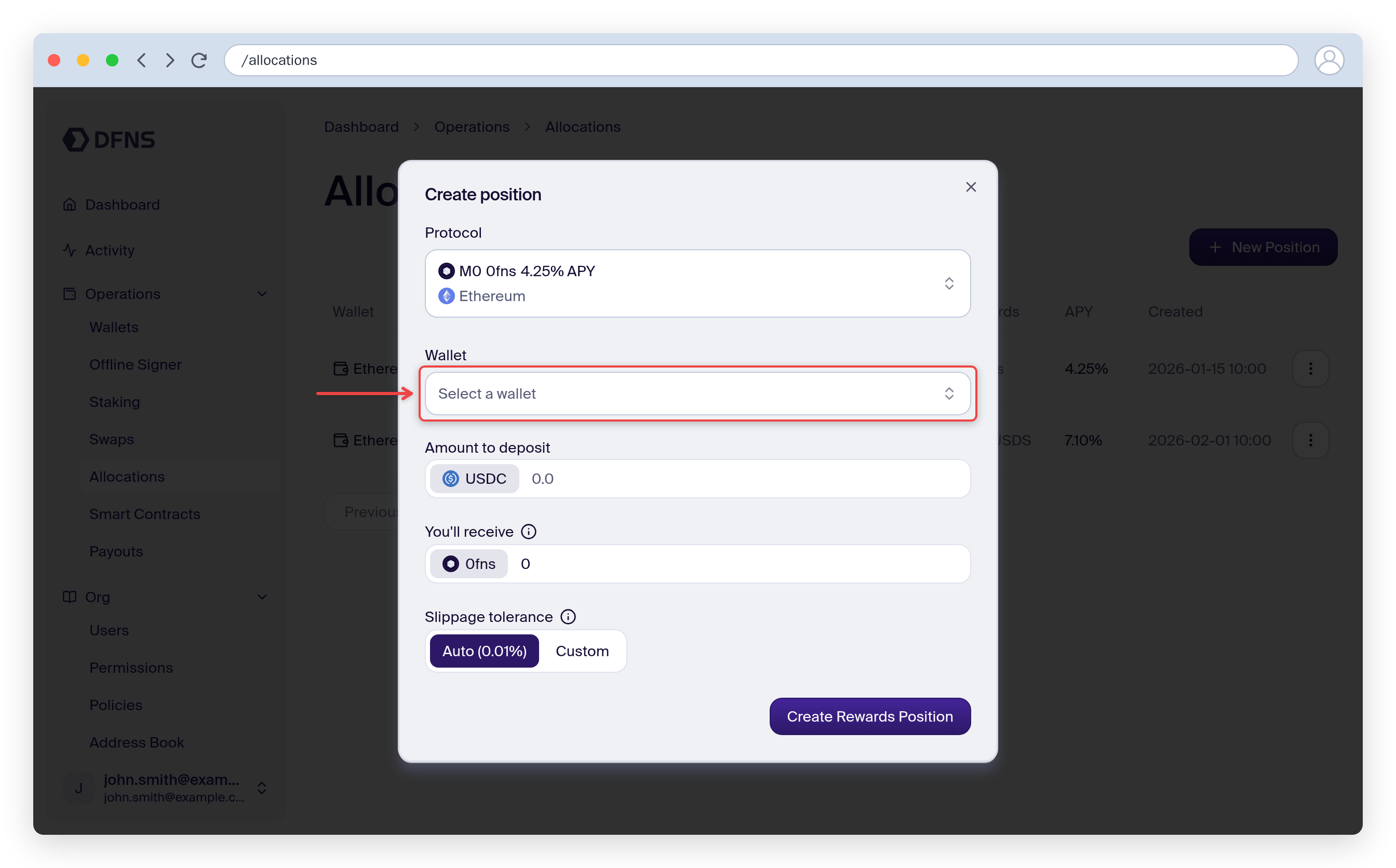 Create-position modal with the wallet selector