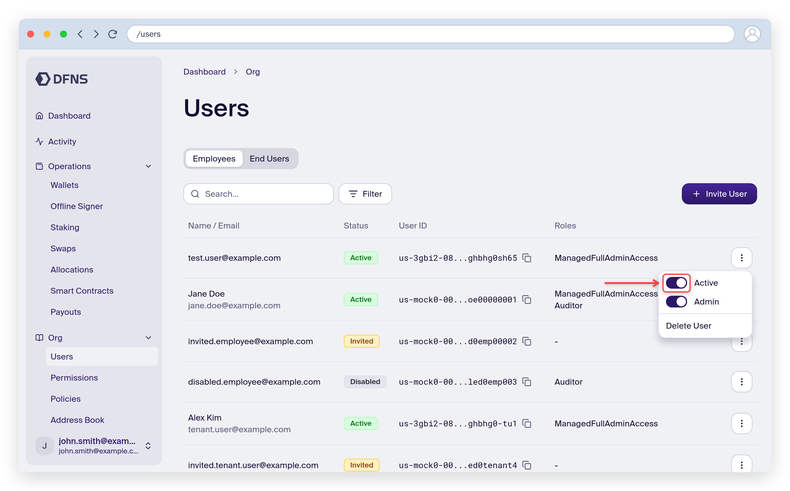 User action menu with the Active toggle highlighted