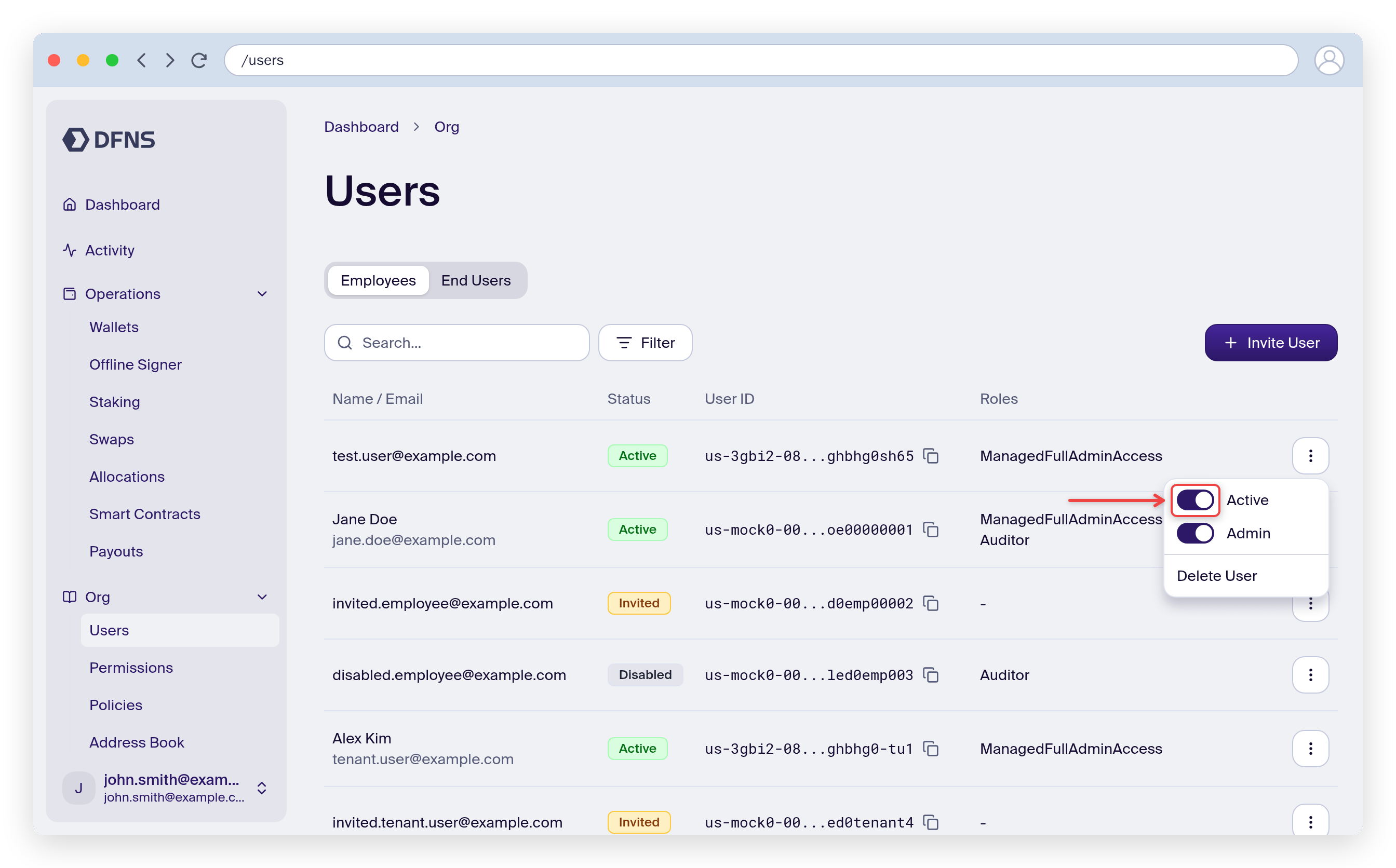 User action menu with the Active toggle highlighted