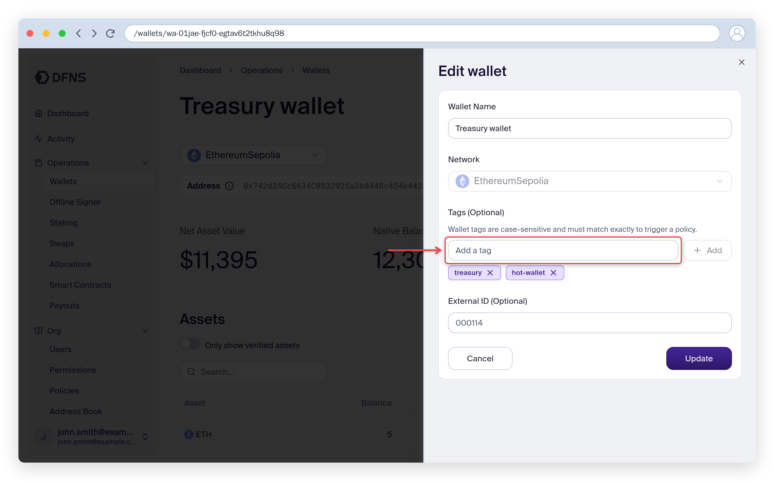 Edit wallet panel with the name and tags fields