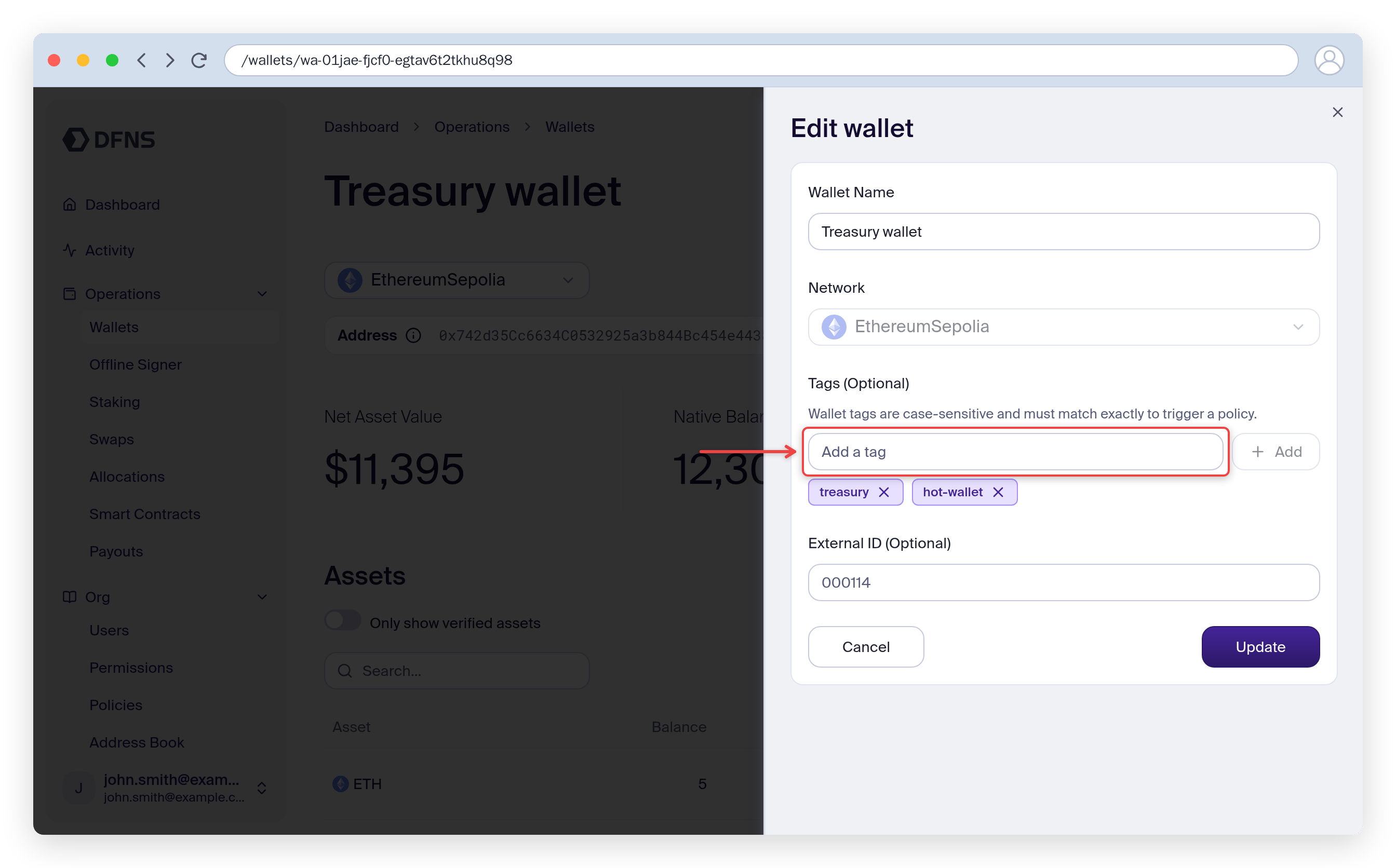 Edit wallet panel with the name and tags fields