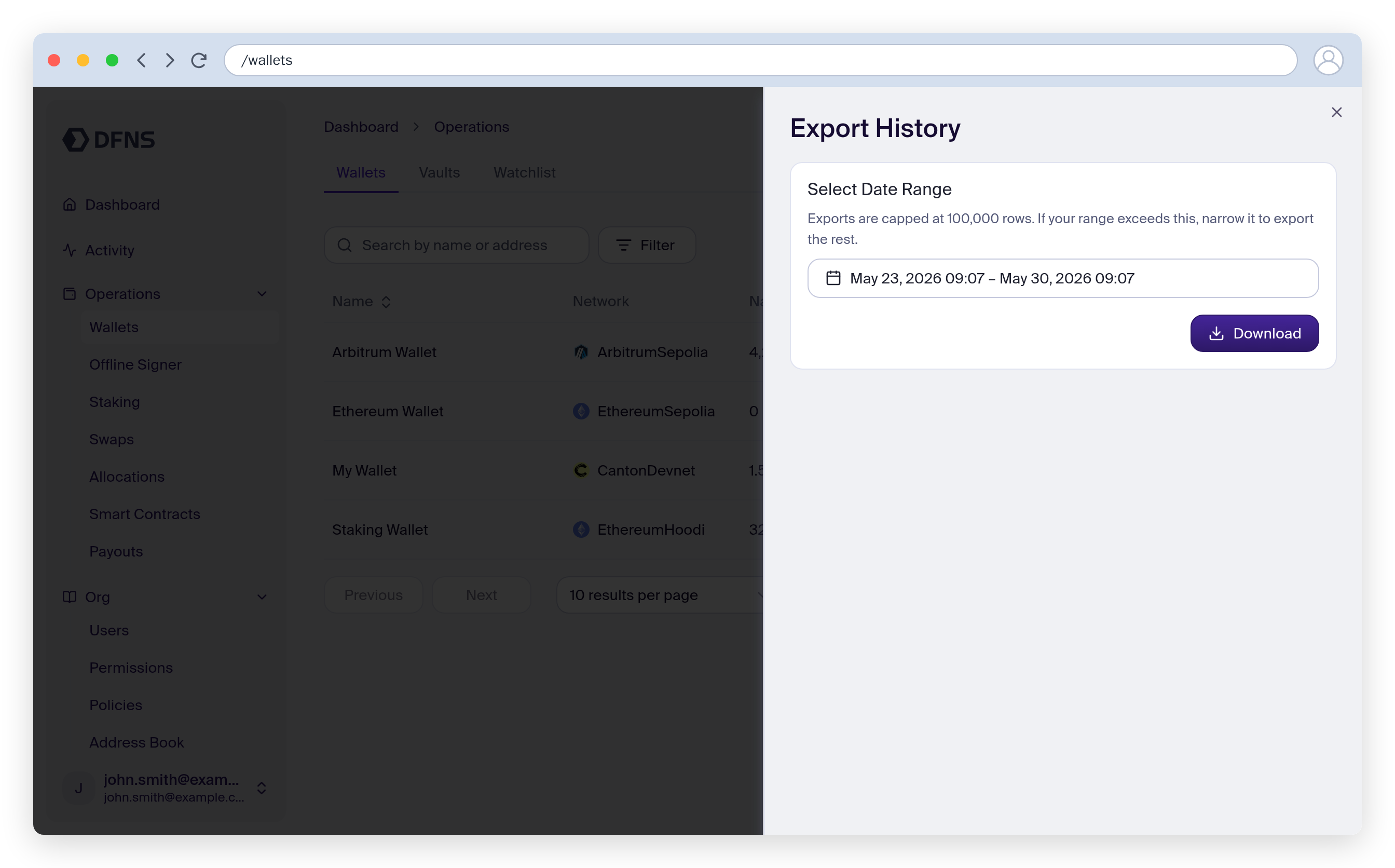 Export History panel with a date range and the Download button