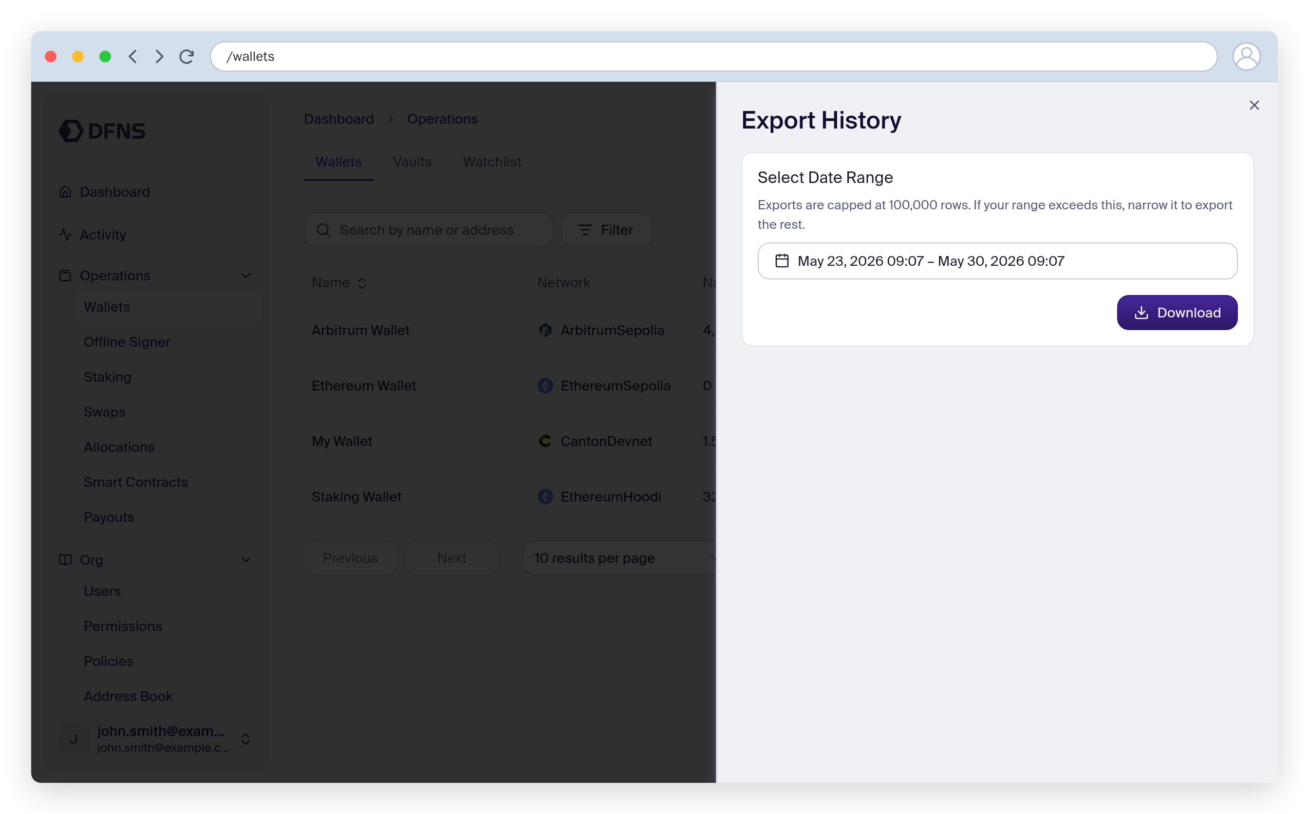 Export History panel with a date range and the Download button