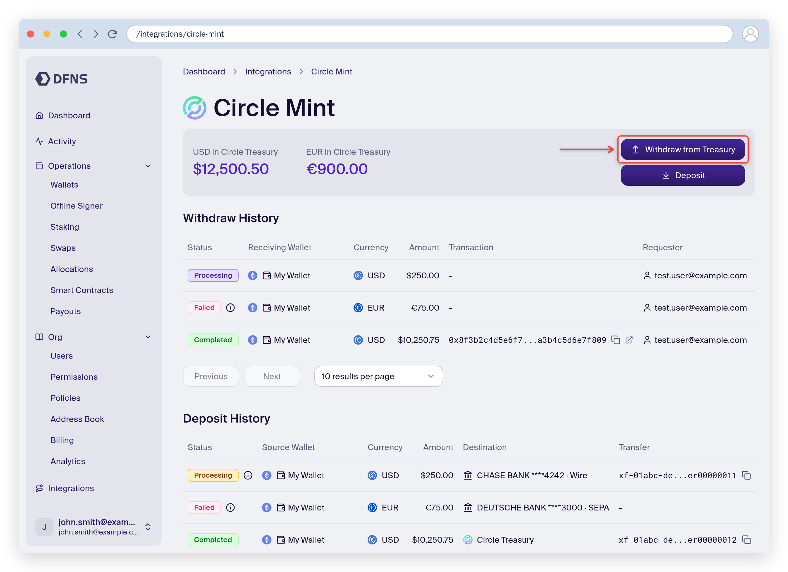 Circle Mint page with treasury balances, the Withdraw from Treasury button, and the payin history table