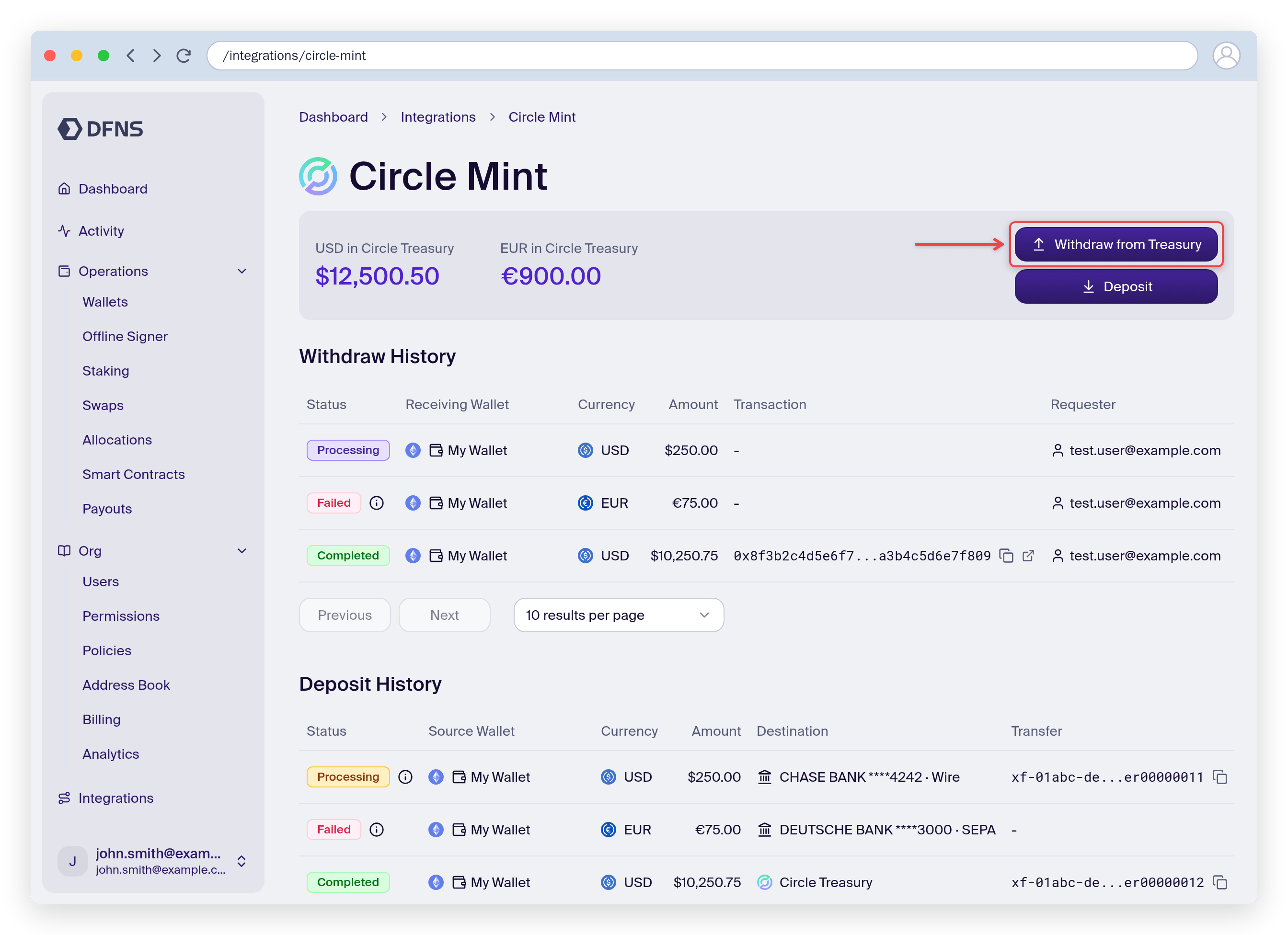 Circle Mint page with treasury balances, the Withdraw from Treasury button, and the payin history table