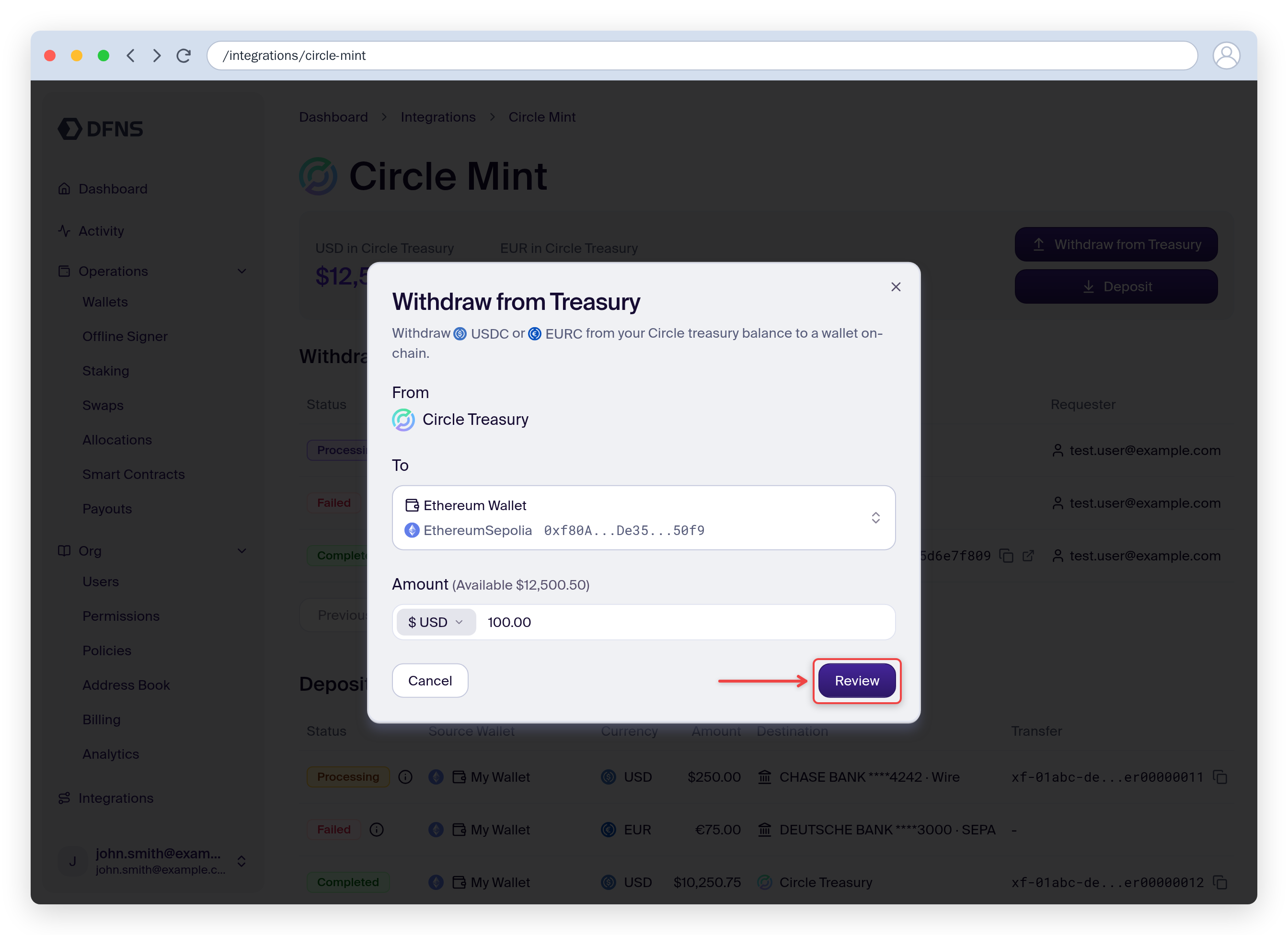 Withdraw from Treasury form with the destination wallet, amount, currency, and Review button