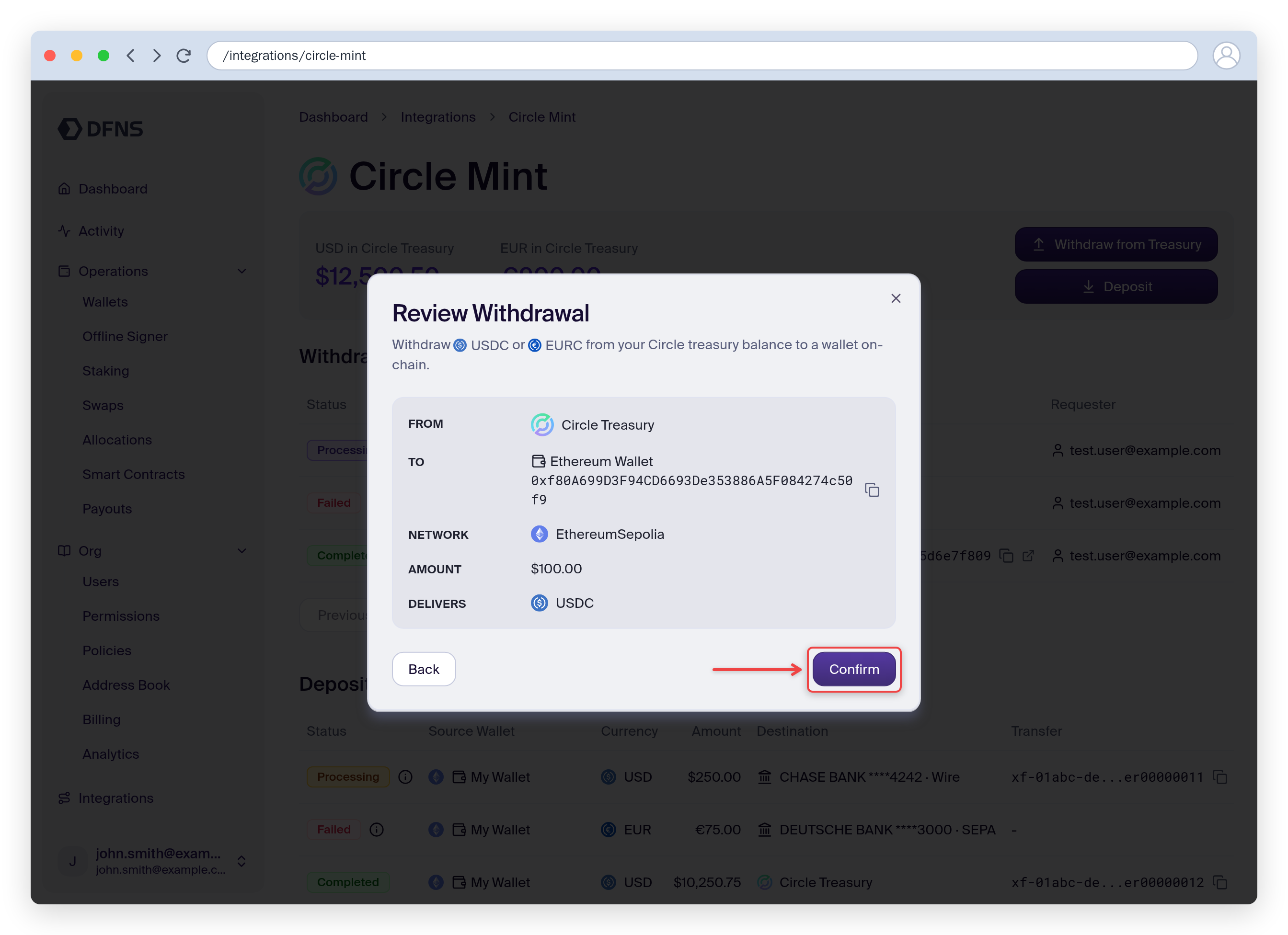 Review Withdrawal summary showing the source, destination wallet, network, amount, and delivered token, with the Confirm button