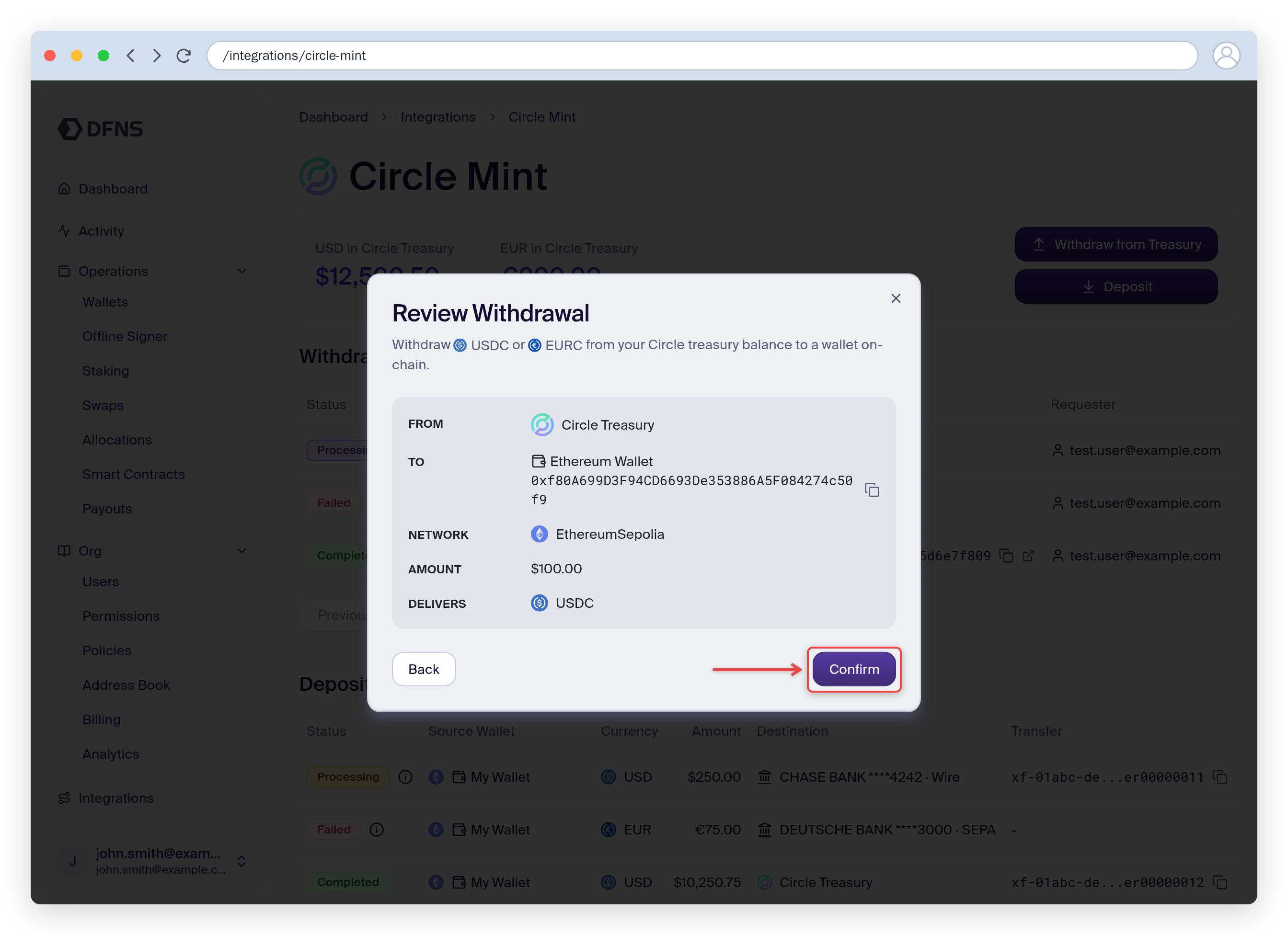 Review Withdrawal summary showing the source, destination wallet, network, amount, and delivered token, with the Confirm button