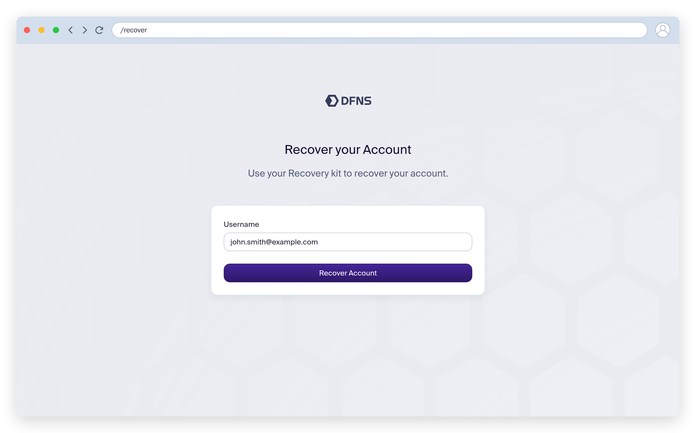 Recover your account page with the username field