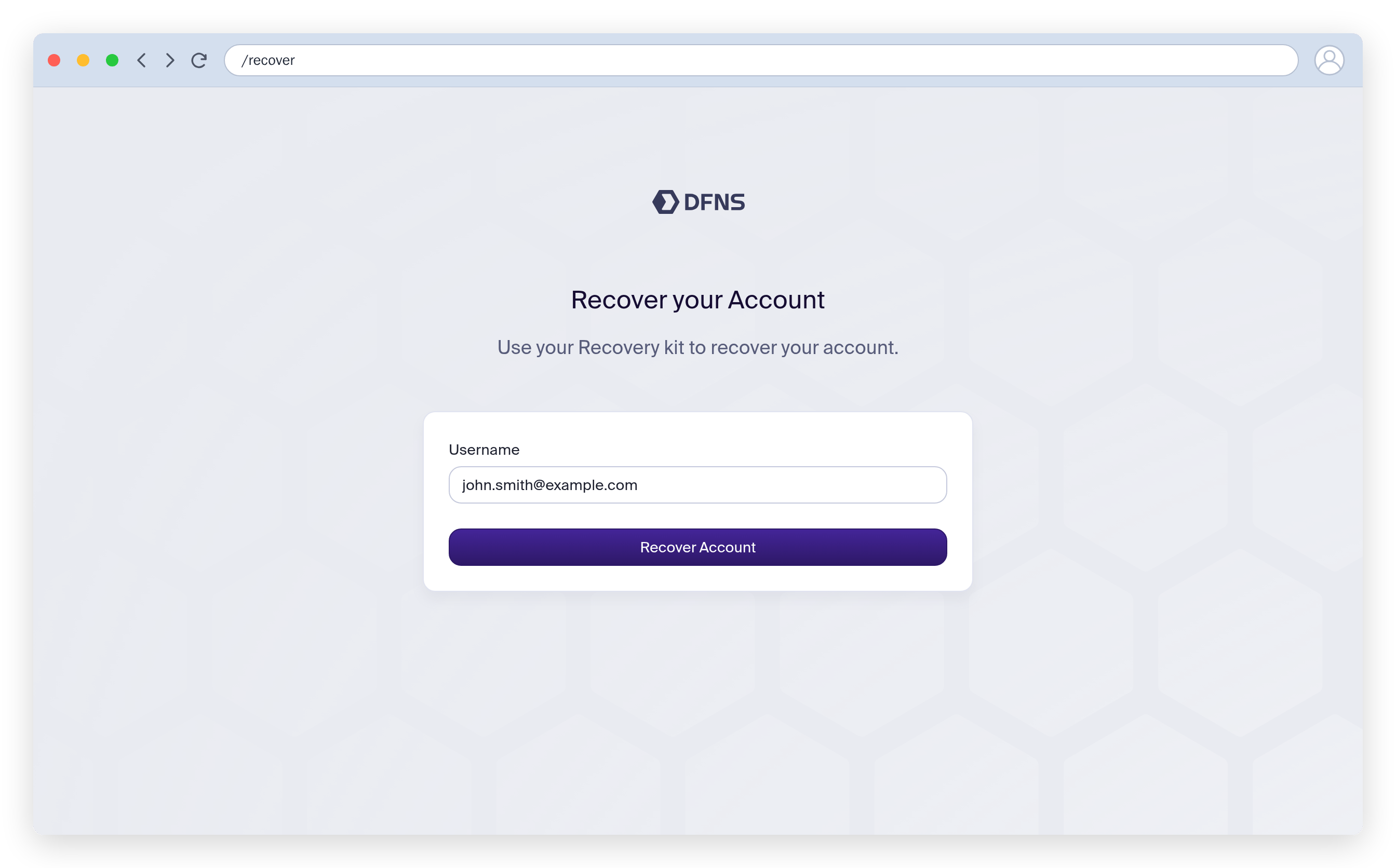 Recover your account page with the username field