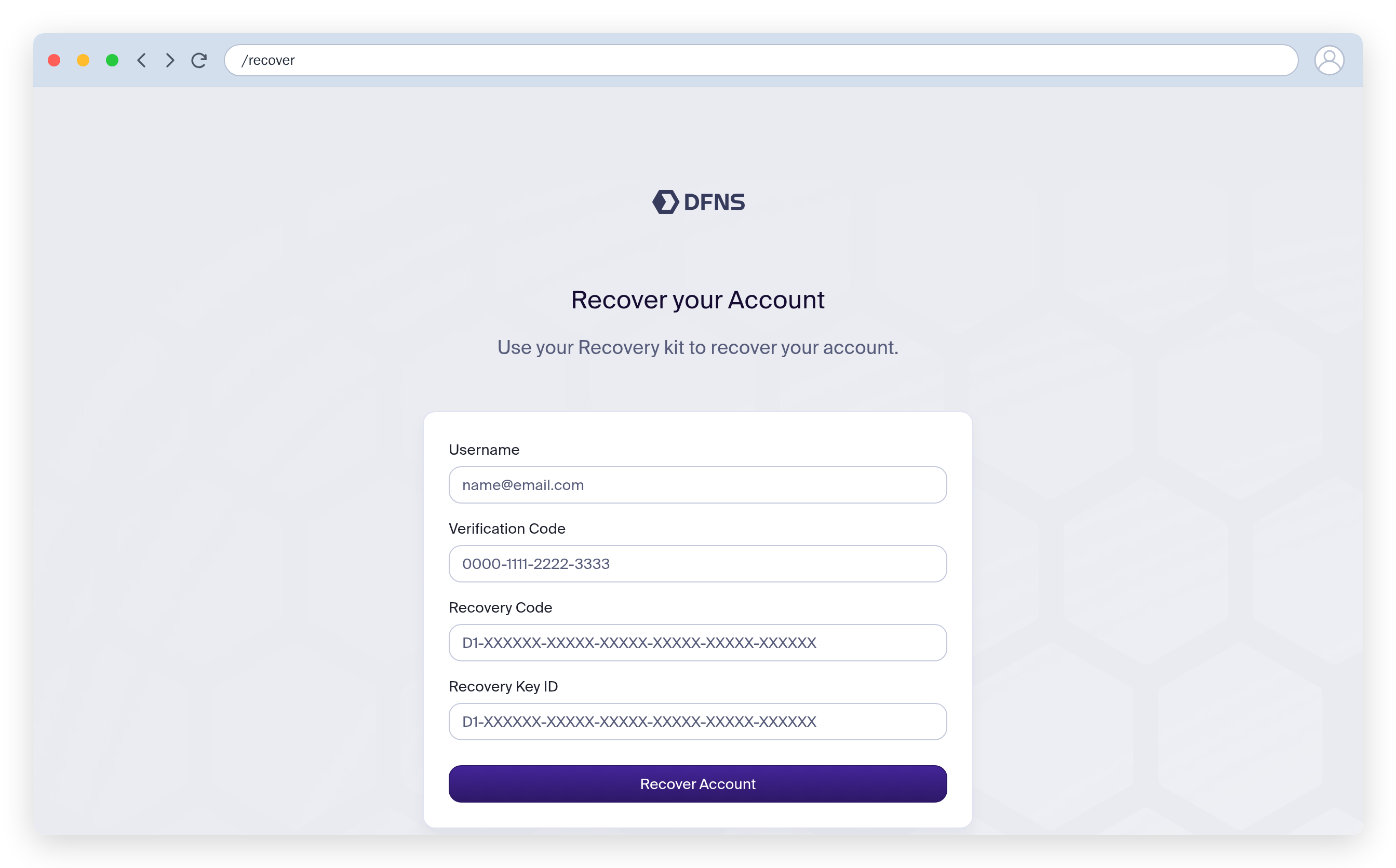 Recovery form with verification code, recovery code and recovery key ID fields
