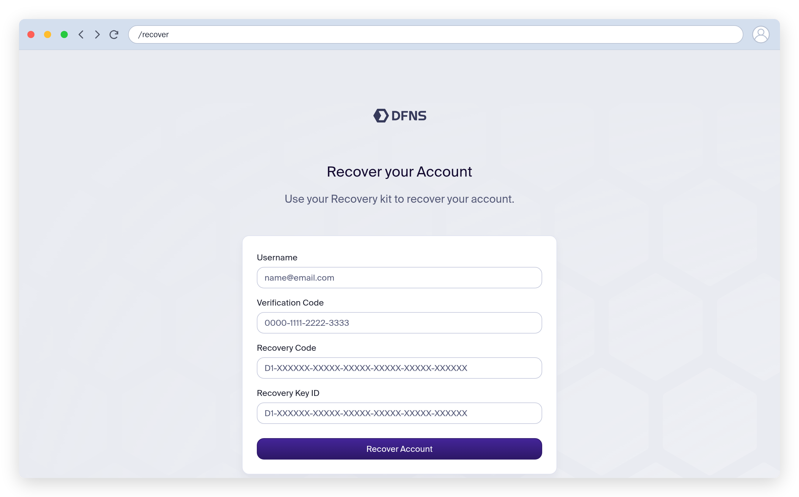 Recovery form with verification code, recovery code and recovery key ID fields