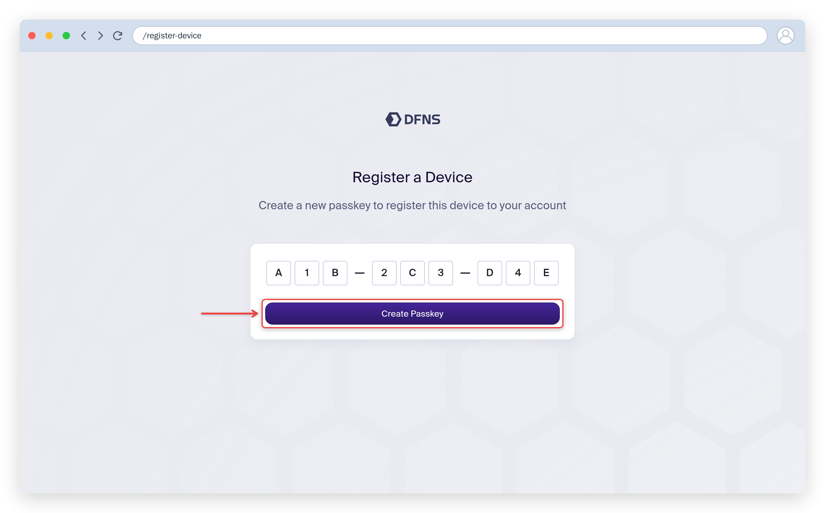 Register a device page with the code entered and the Create Passkey button highlighted