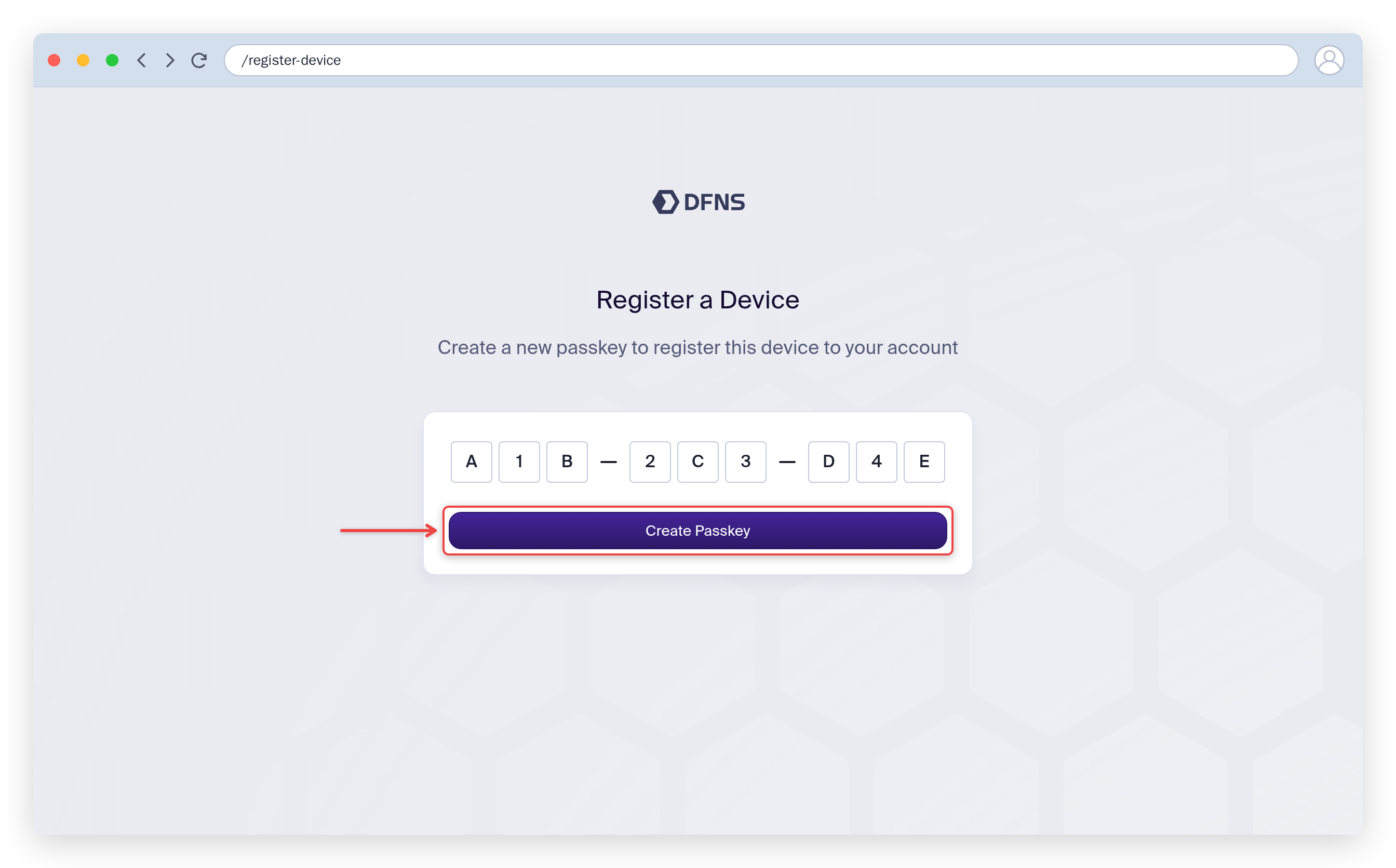 Register a device page with the code entered and the Create Passkey button highlighted