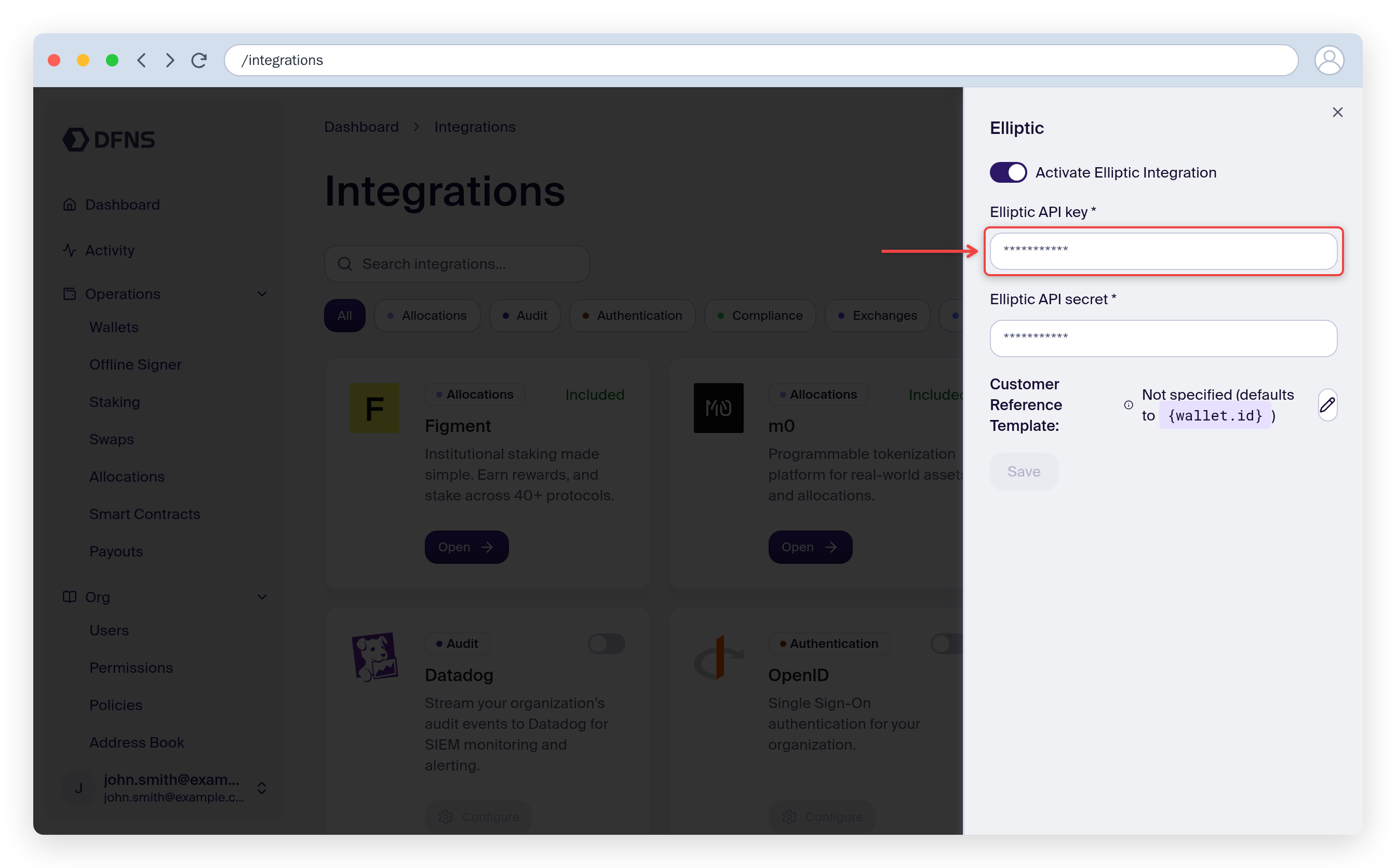 Elliptic integration settings with the API key and secret fields