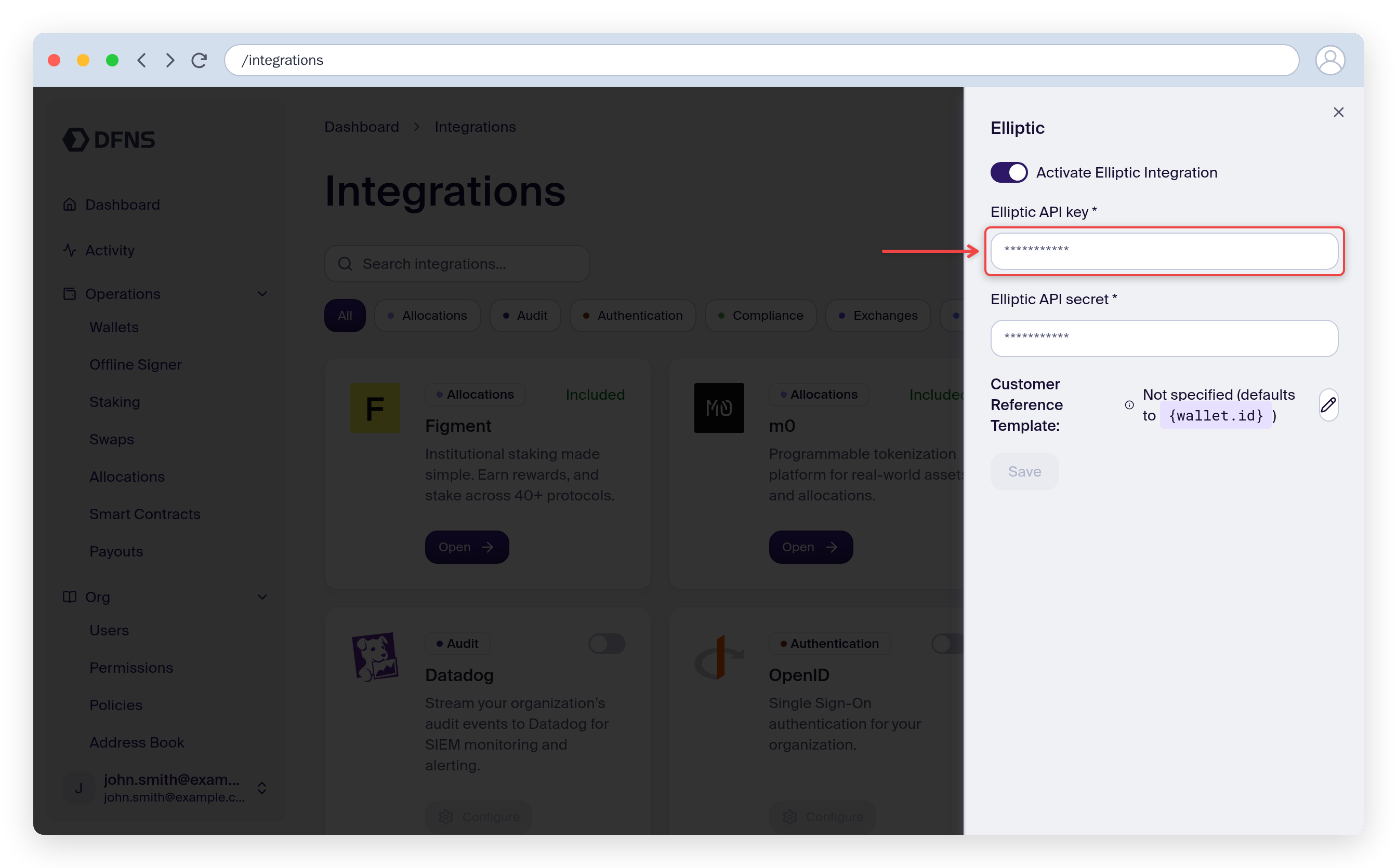 Elliptic integration settings with the API key and secret fields