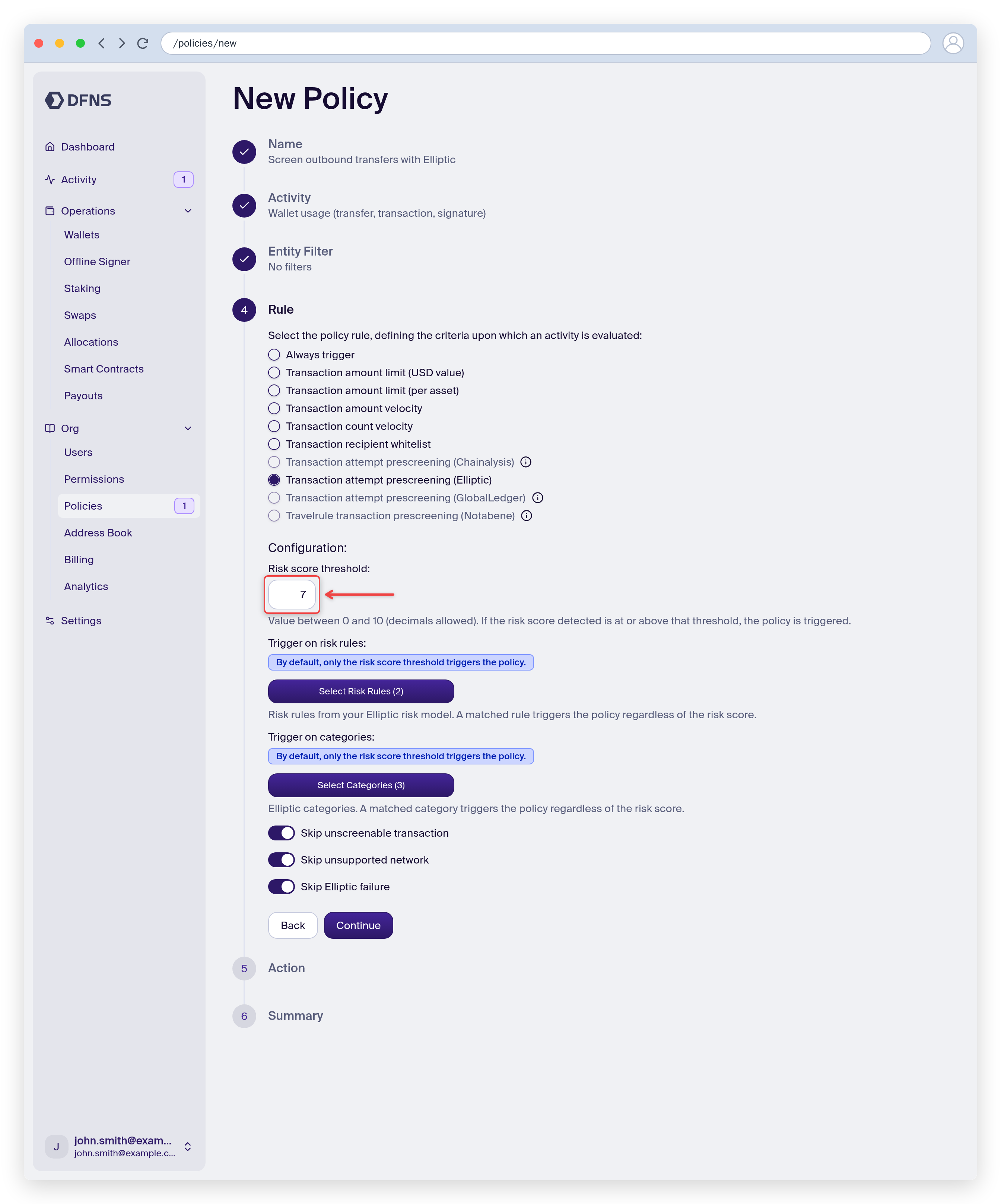 Policy rule set to Elliptic prescreening with the risk score threshold configuration