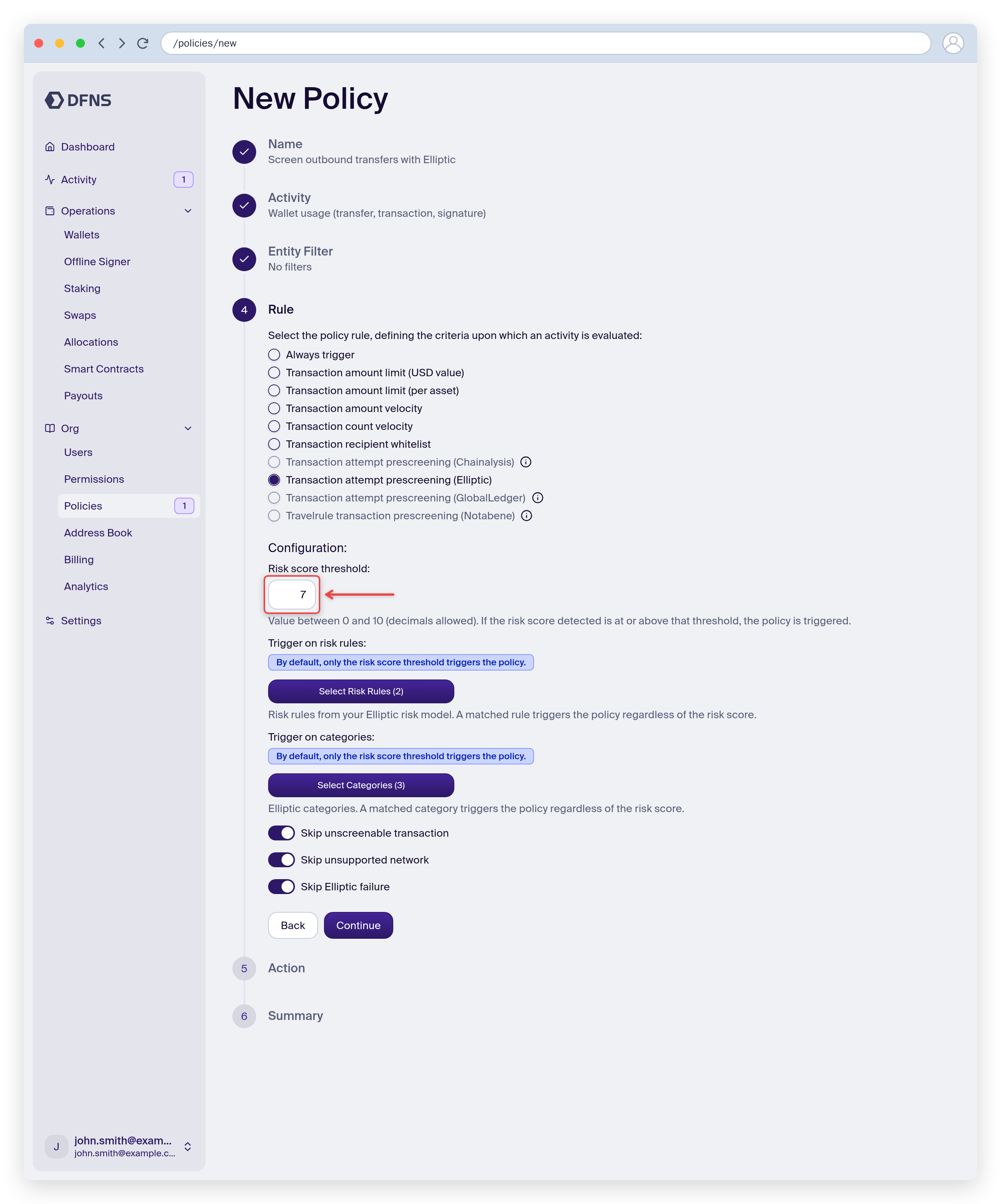 Policy rule set to Elliptic prescreening with the risk score threshold configuration