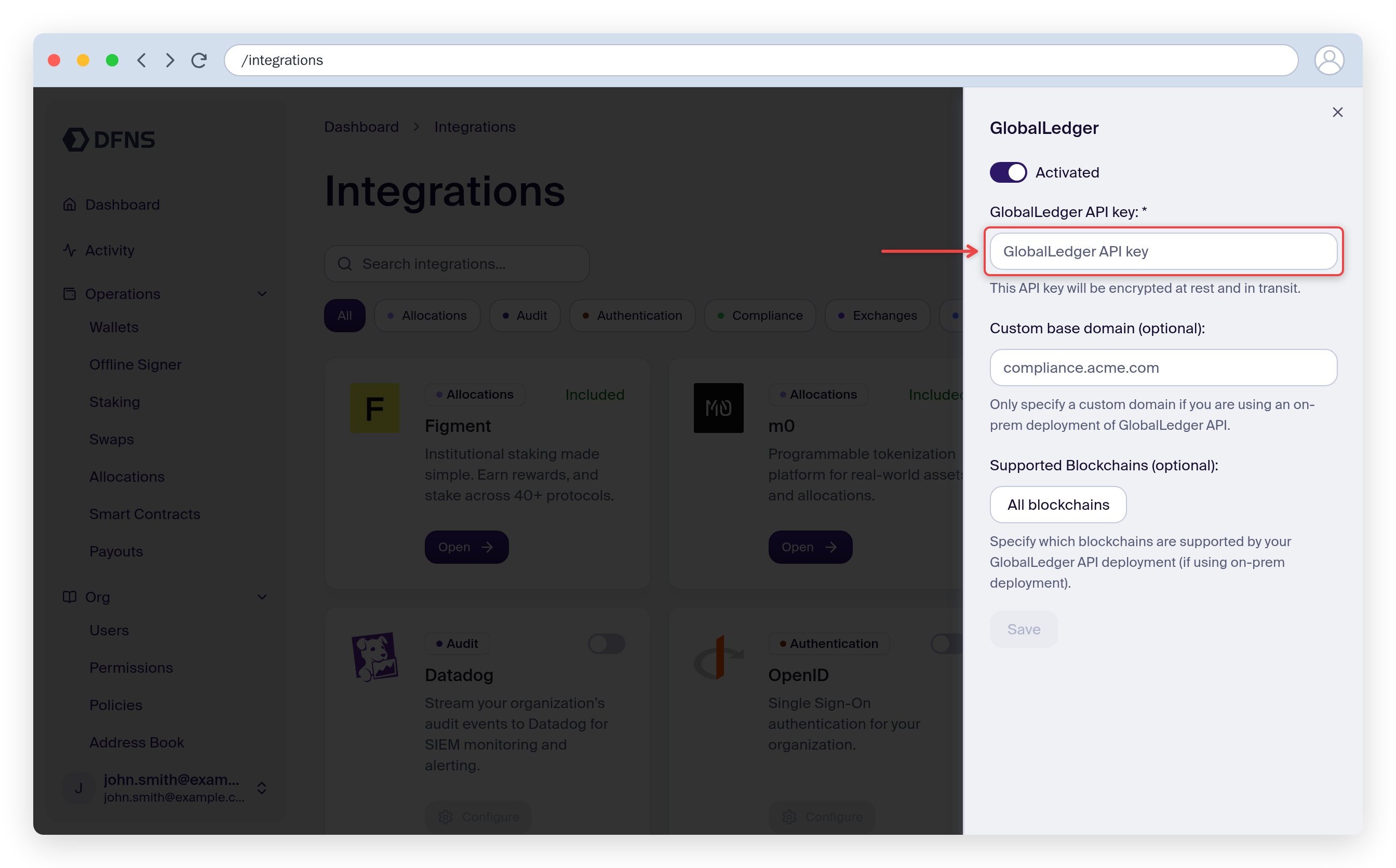 Global Ledger integration settings with the API key field