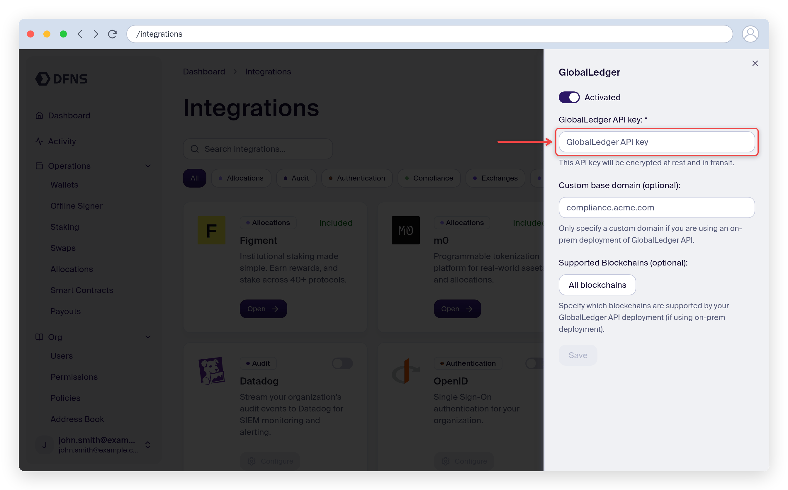 Global Ledger integration settings with the API key field