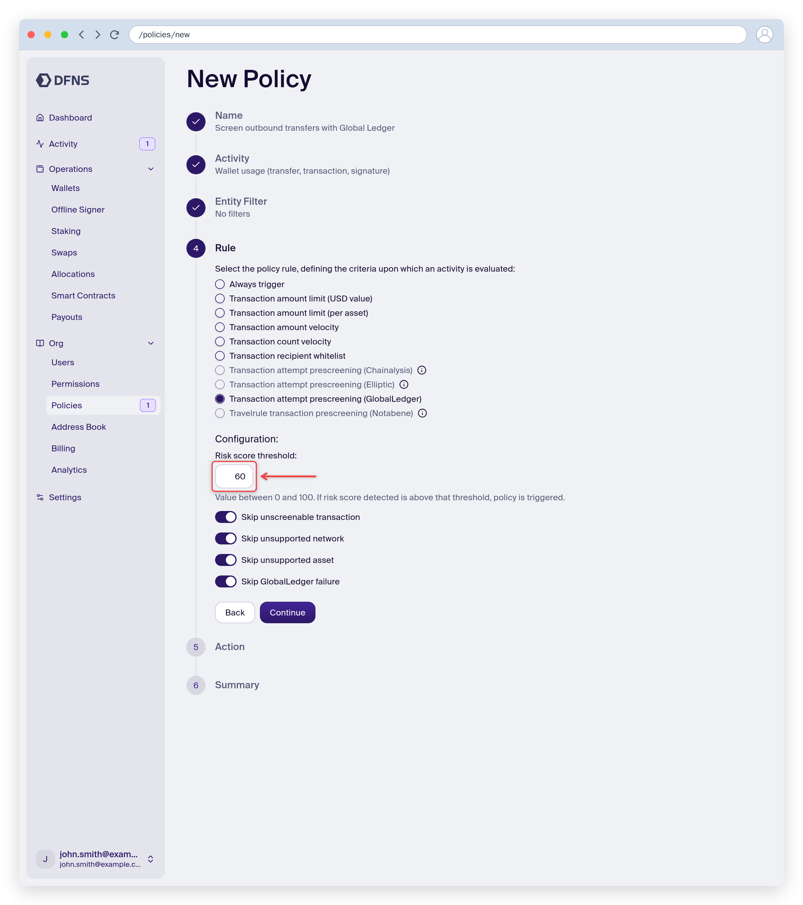 Policy rule set to Global Ledger prescreening with a risk score threshold