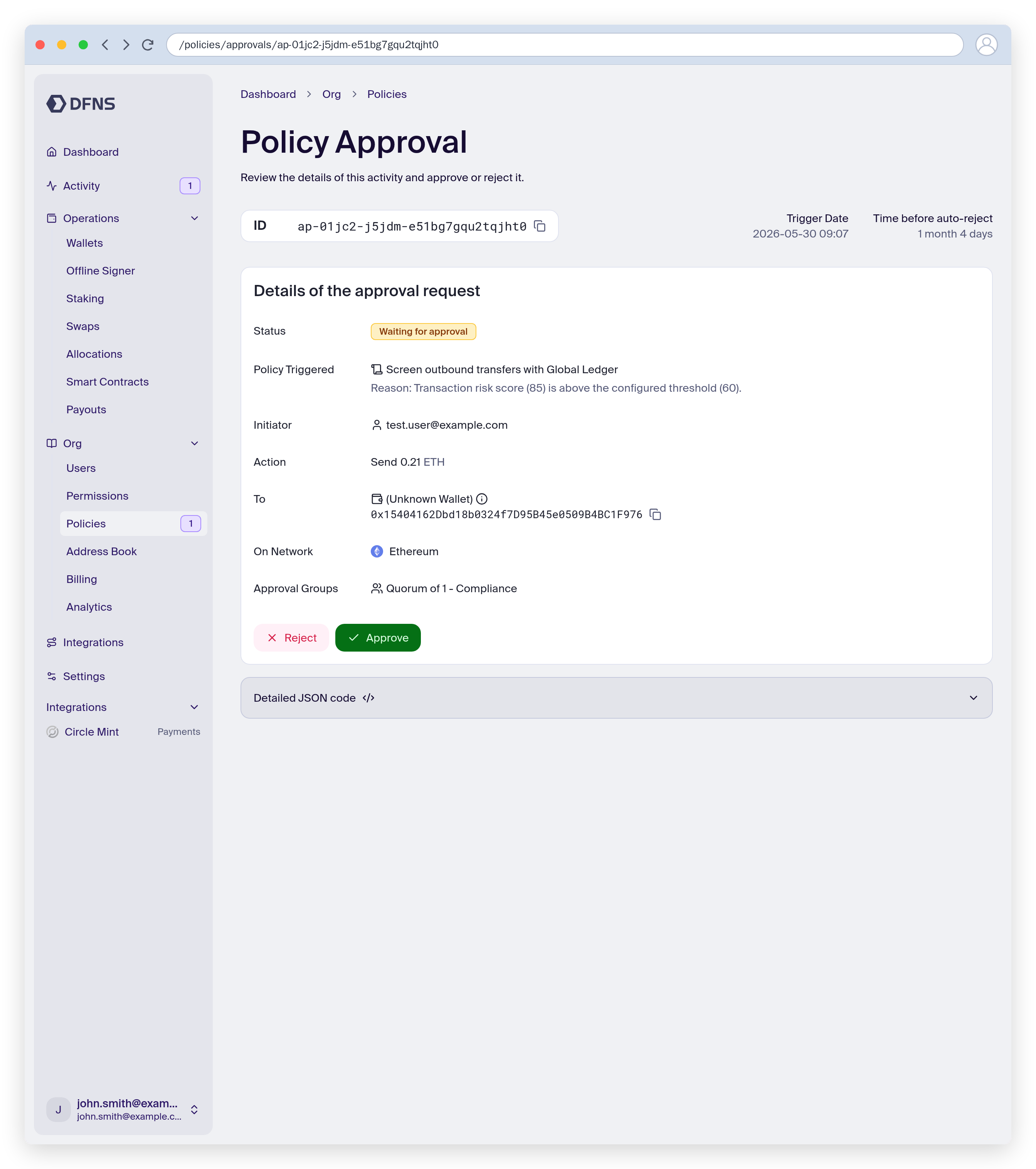 Pending policy approval triggered by a Global Ledger risk score above the threshold