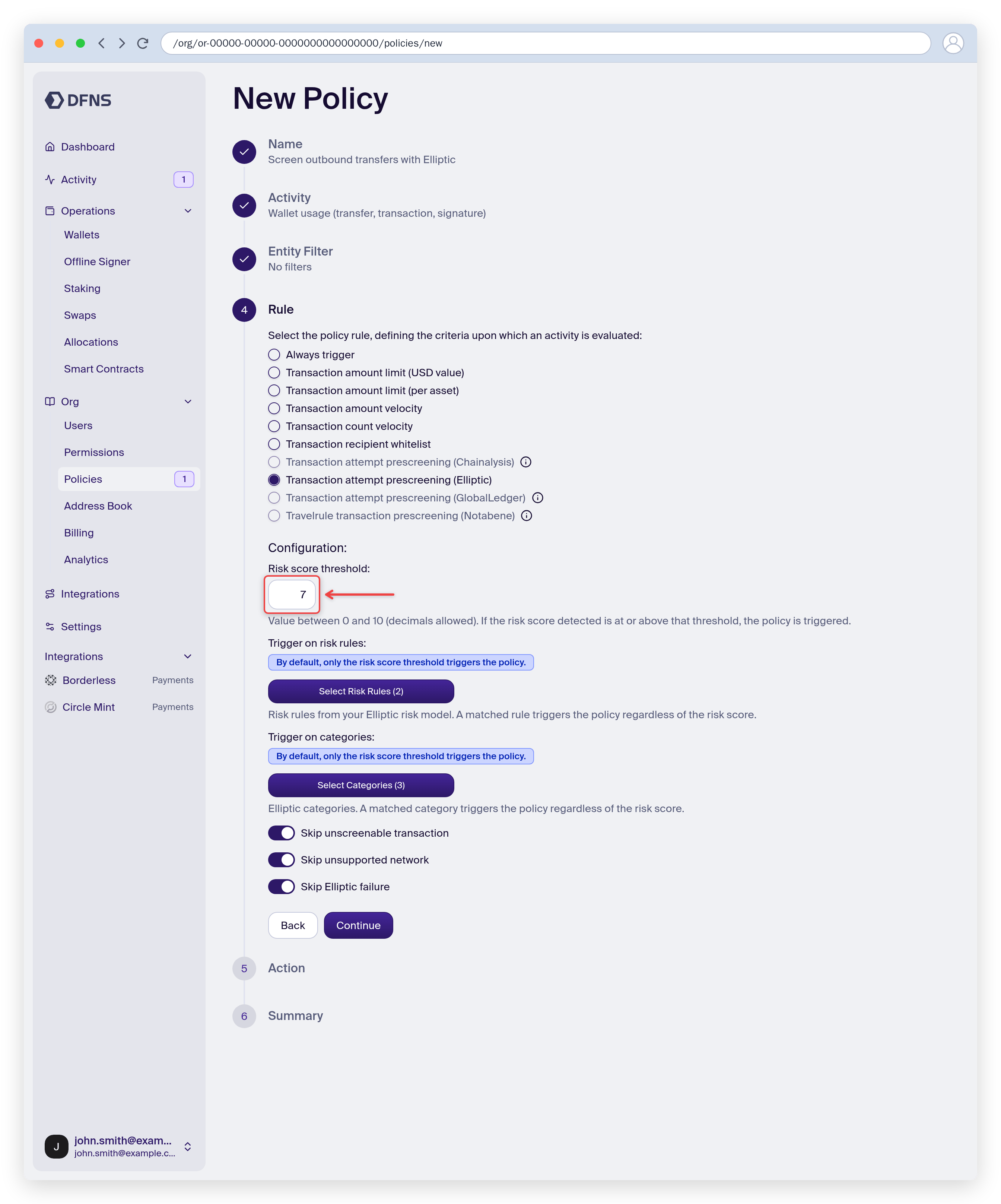 Policy rule set to Elliptic prescreening with the risk score threshold configuration