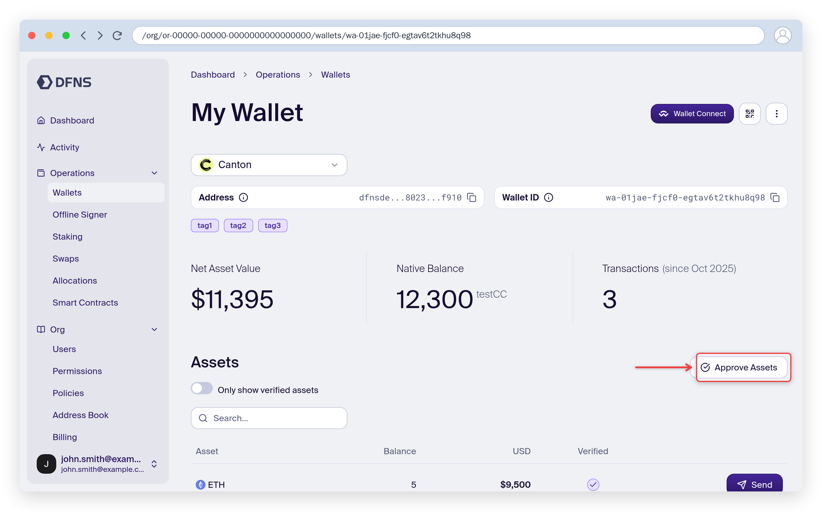 Canton wallet page with the Approve Assets button highlighted