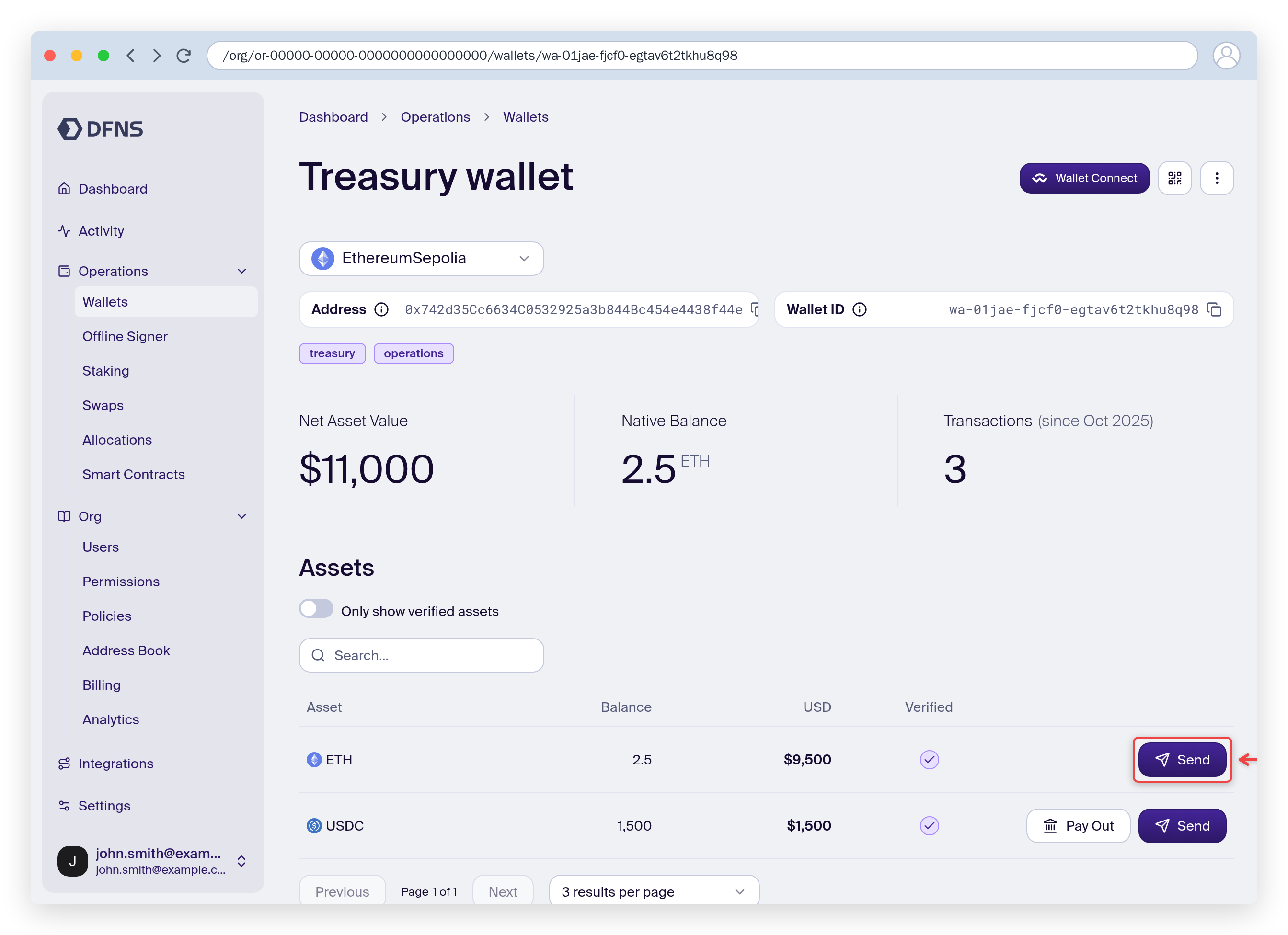 Wallet detail page with the asset Send button highlighted