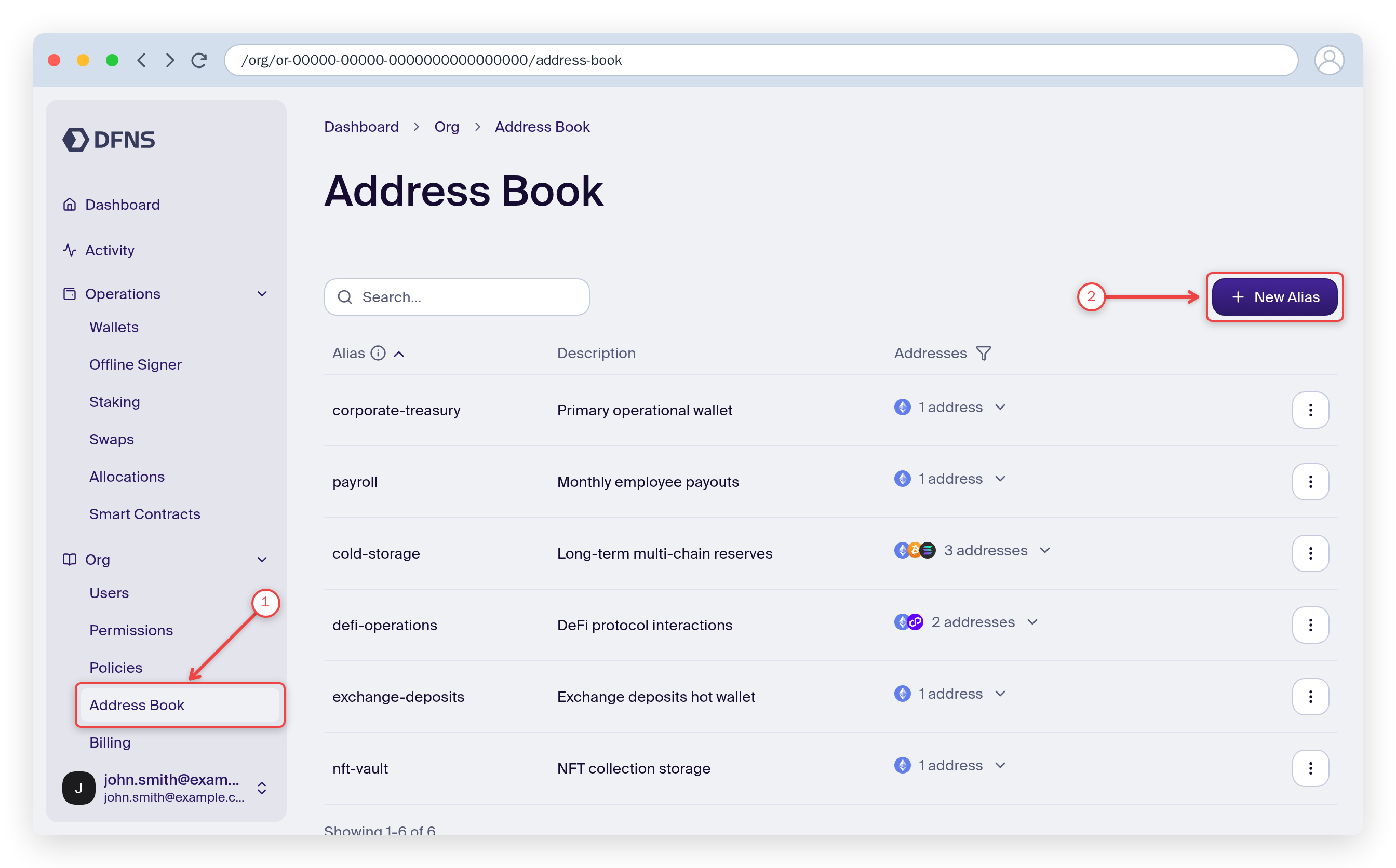 Address Book page with the sidebar entry and the Create Alias button highlighted