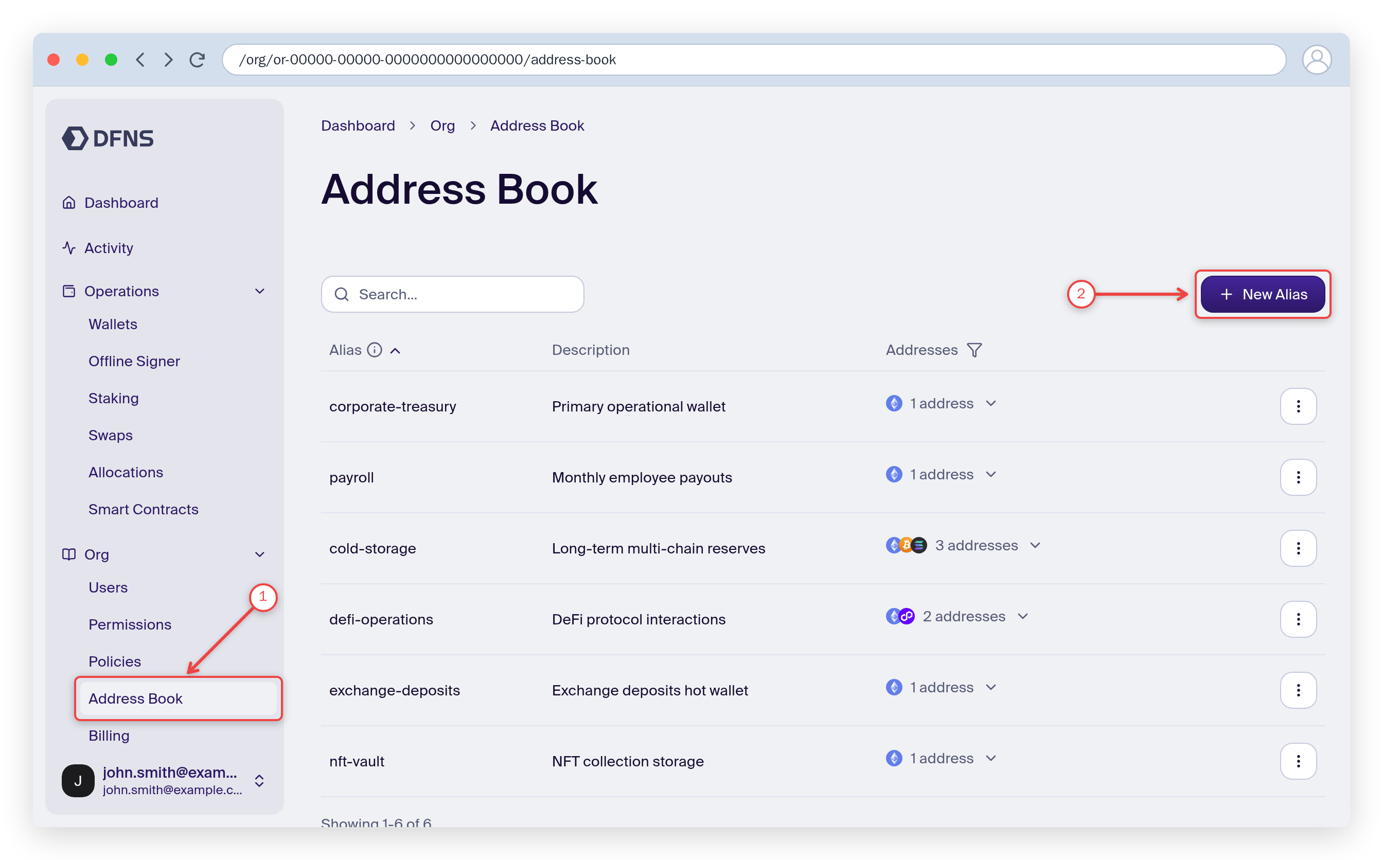 Address Book page with the sidebar entry and the Create Alias button highlighted