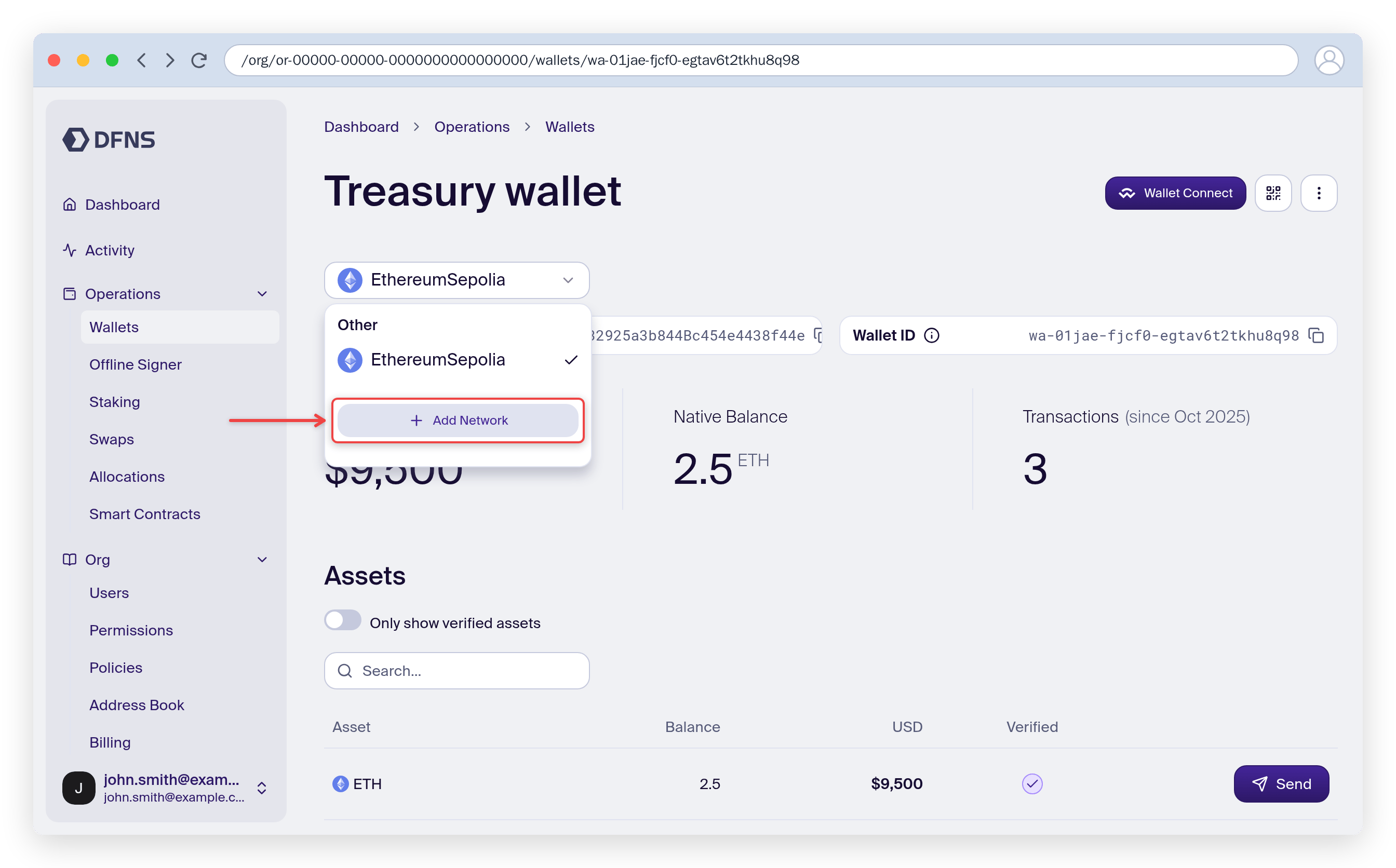 Wallet detail with the network selector open and the Add Network option highlighted