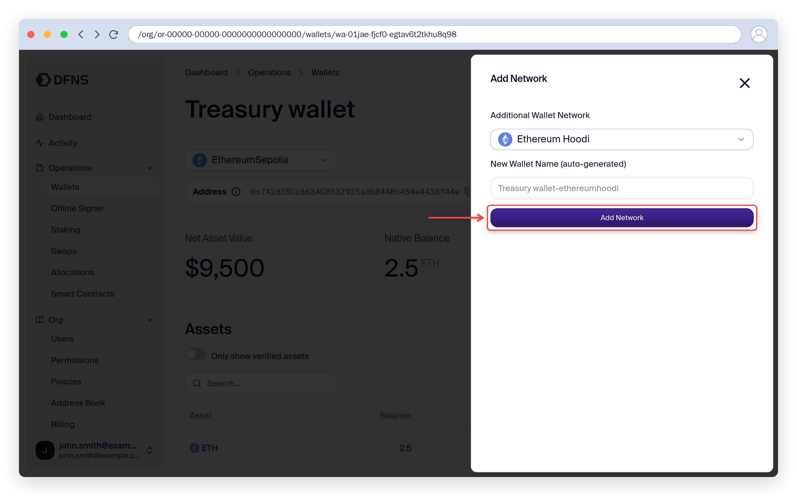 Add Network to Wallet slideout with a target network selected and Add Network highlighted