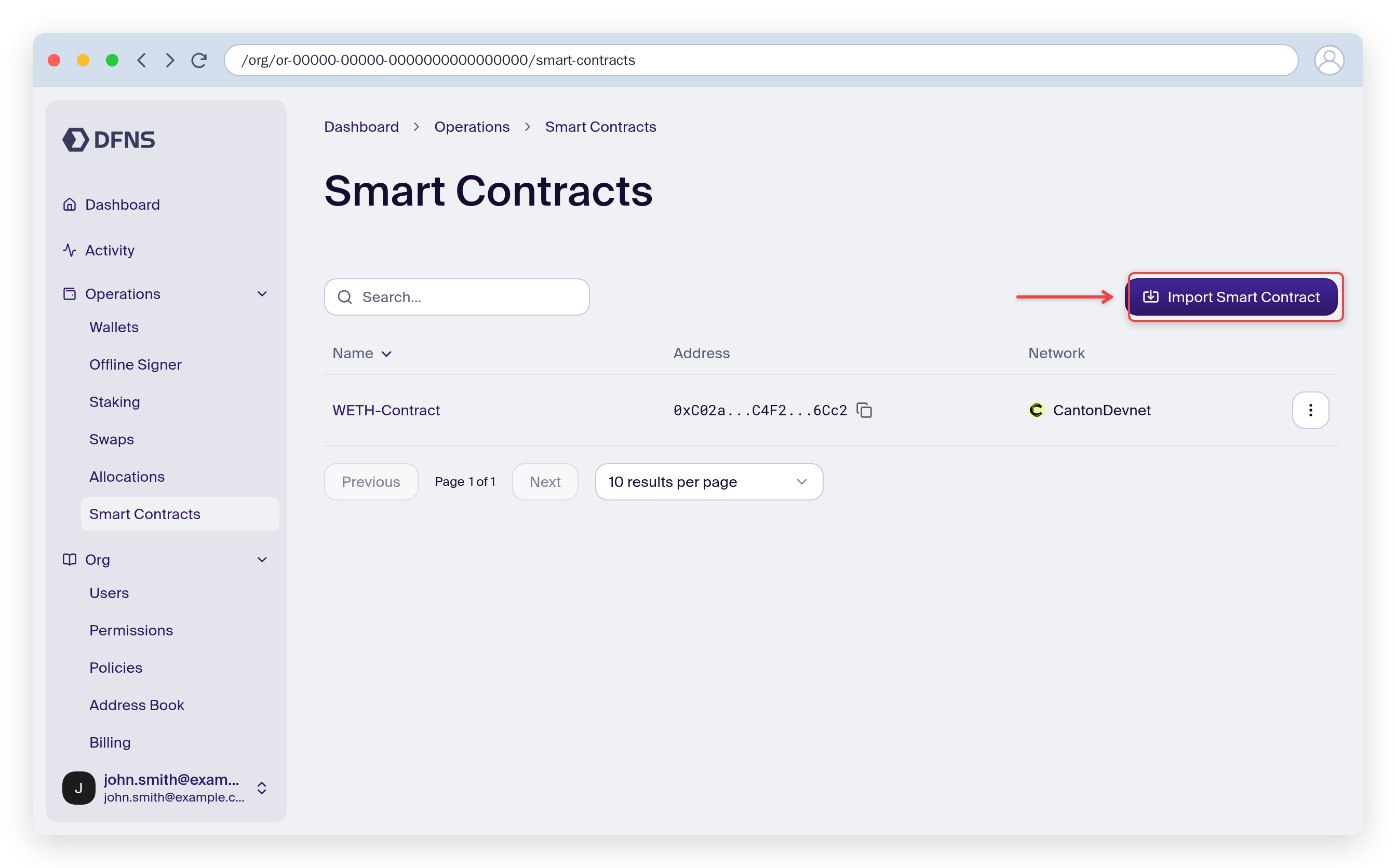Smart Contracts page with the Import Smart Contract button highlighted