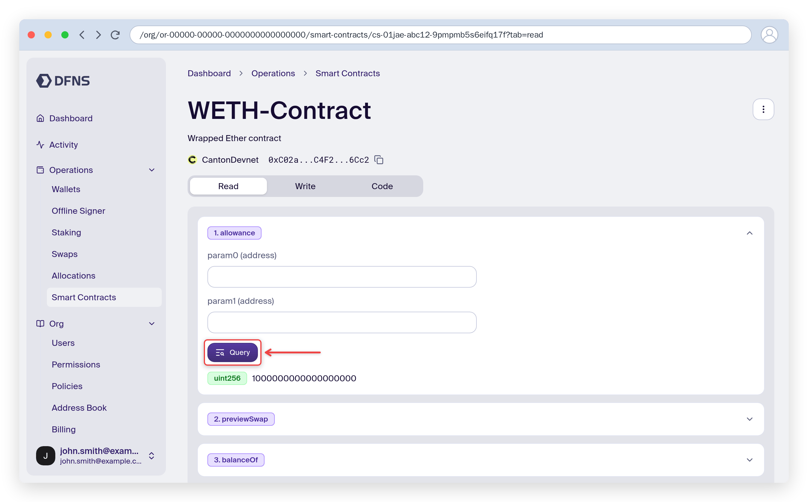 Read tab with a function expanded, the Query button and its returned result