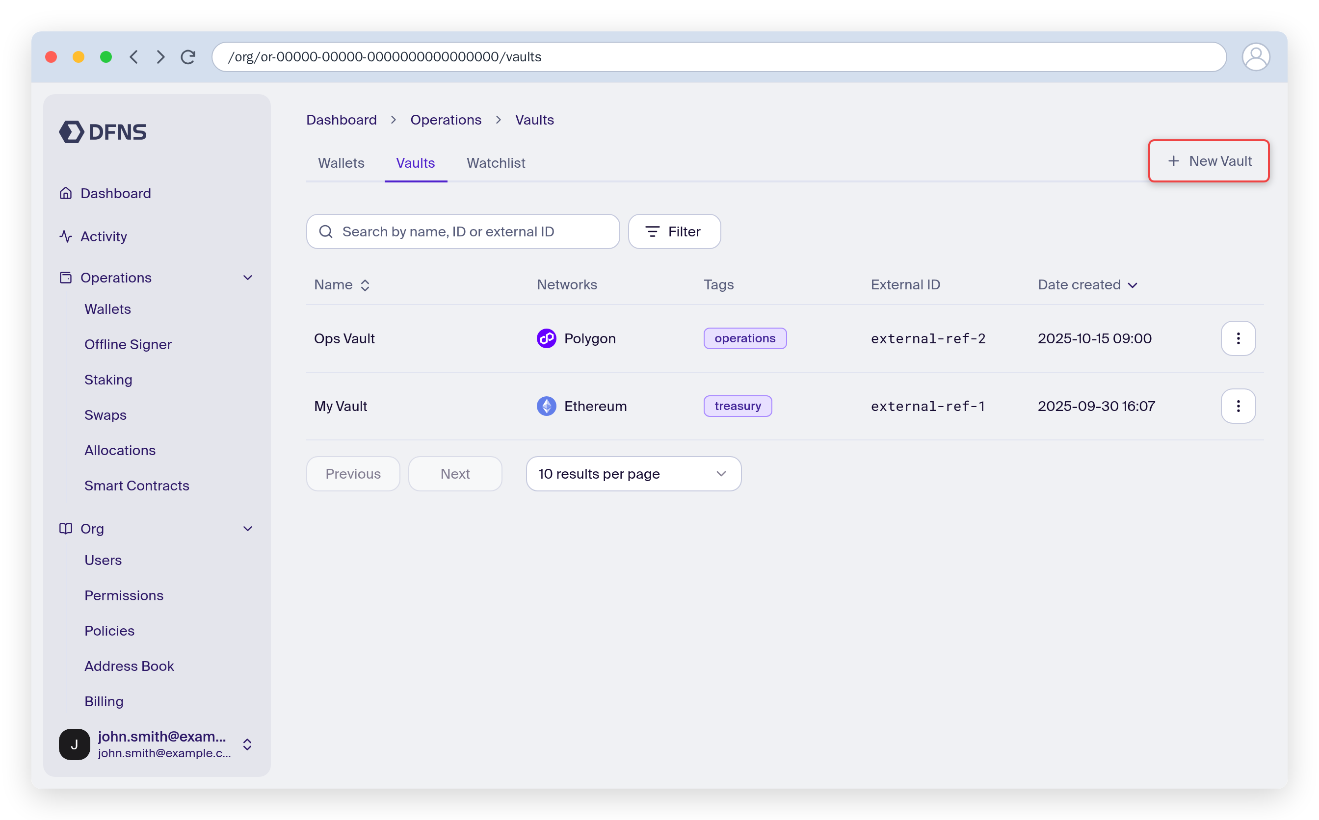 Vaults list with the Add vault button highlighted