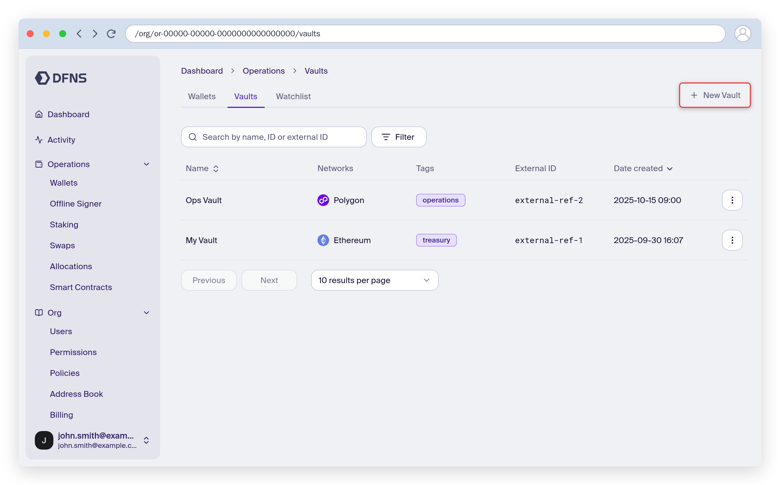 Vaults list with the Add vault button highlighted