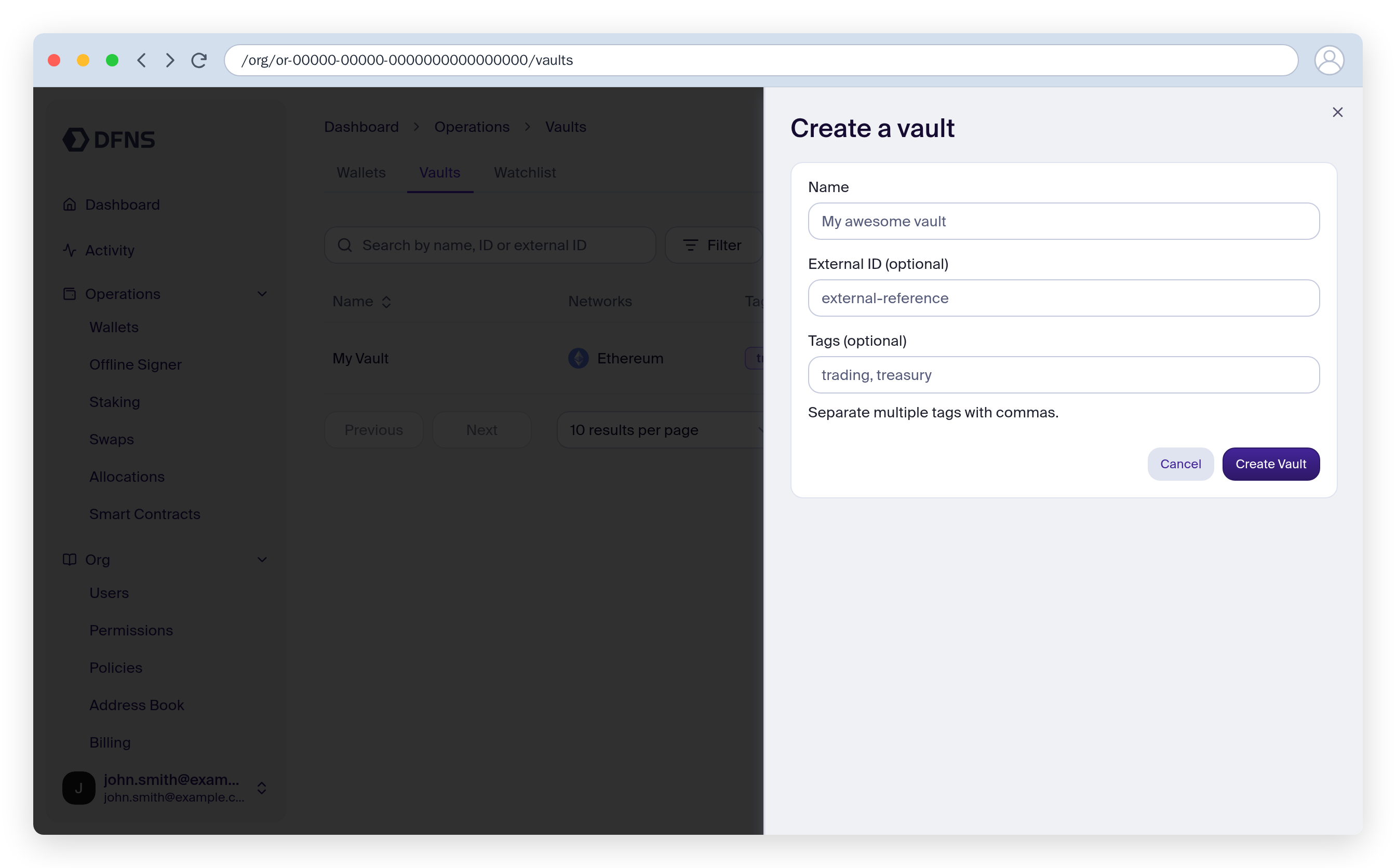 Create vault dialog with name and tags fields