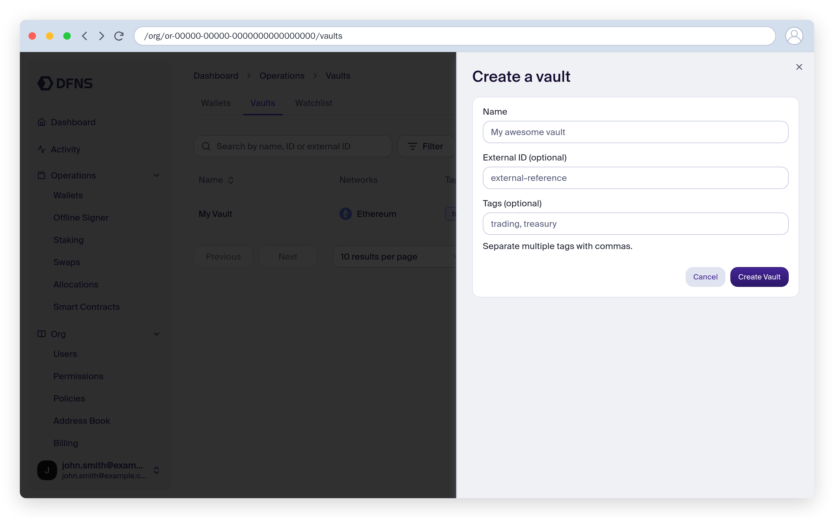 Create vault dialog with name and tags fields