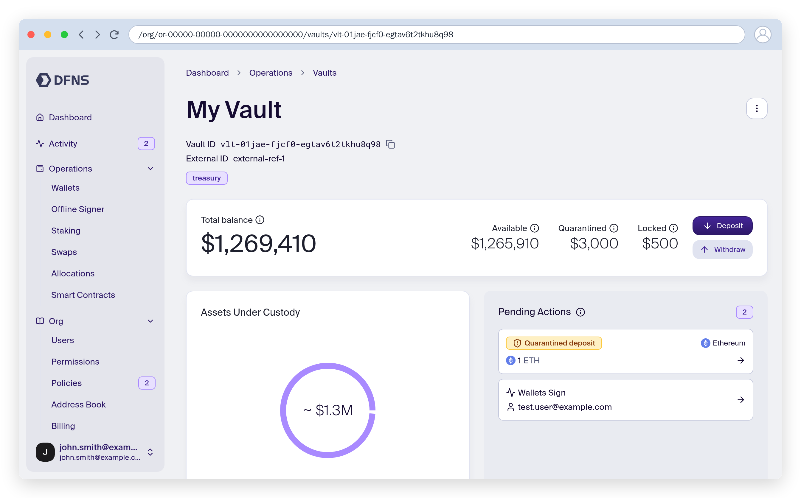Vault detail page: total balance split into available, quarantined, and locked, an assets-under-custody chart, and pending actions