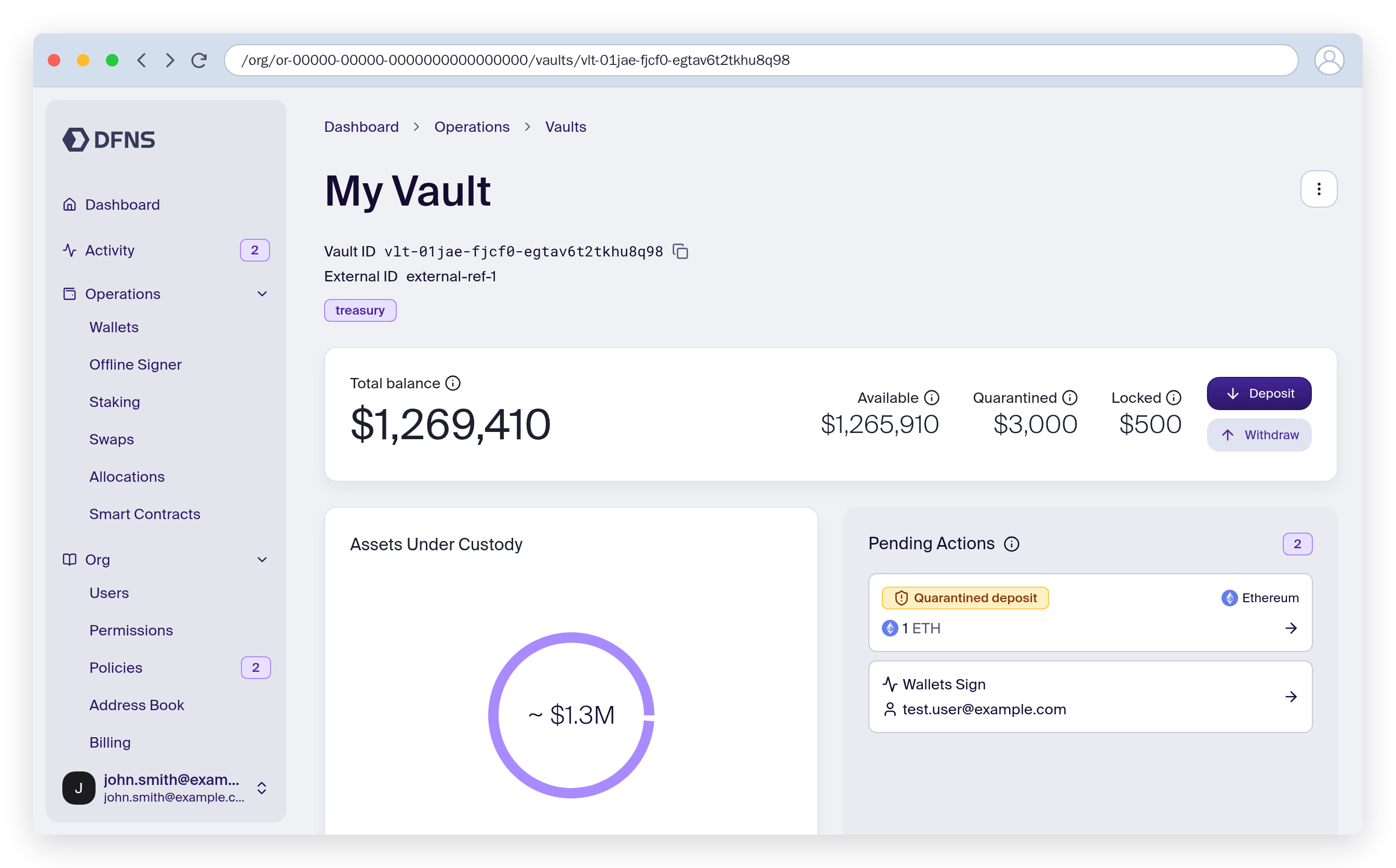 Vault detail page: total balance split into available, quarantined, and locked, an assets-under-custody chart, and pending actions