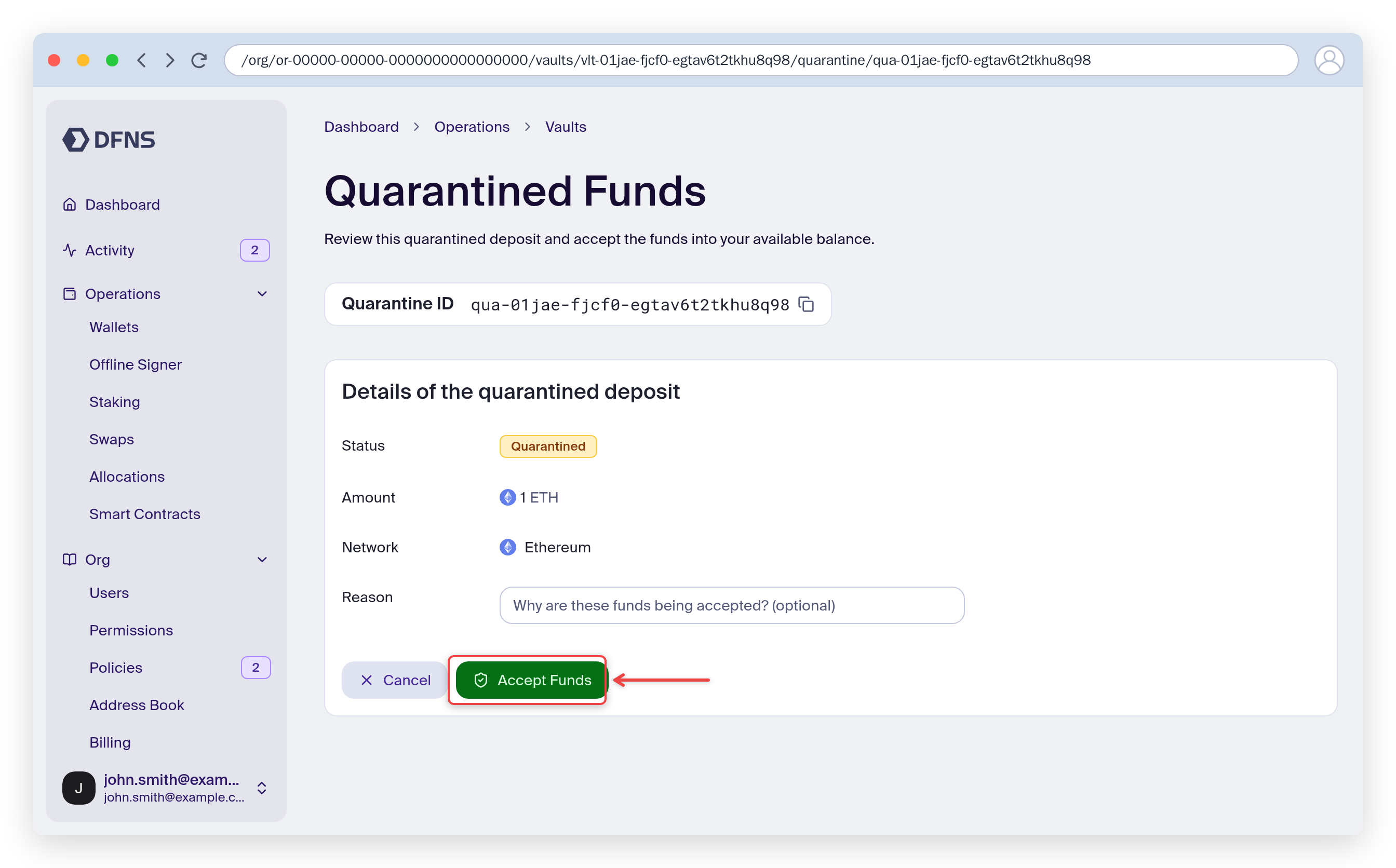 Quarantined funds detail page with the Accept funds button highlighted