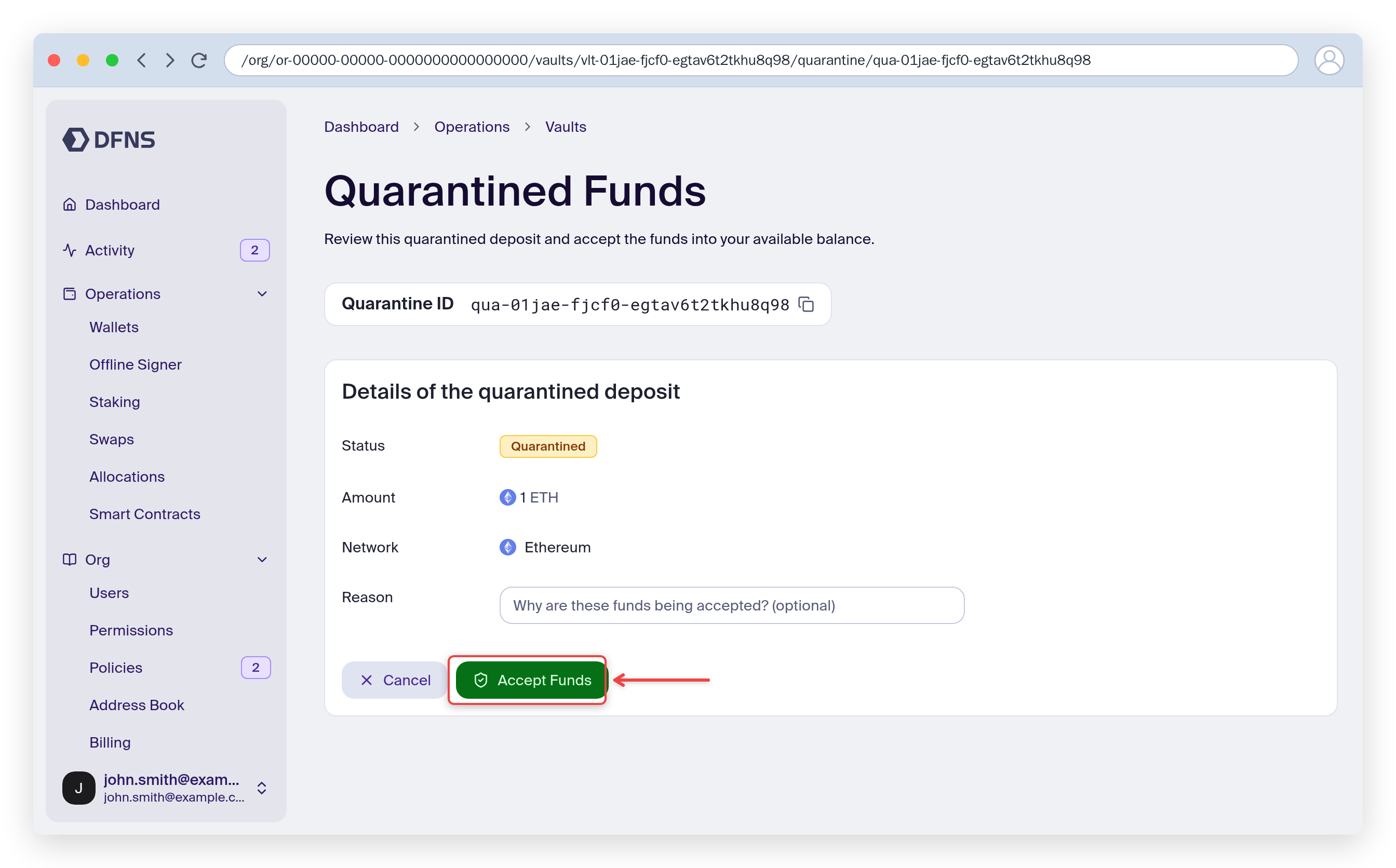 Quarantined funds detail page with the Accept funds button highlighted