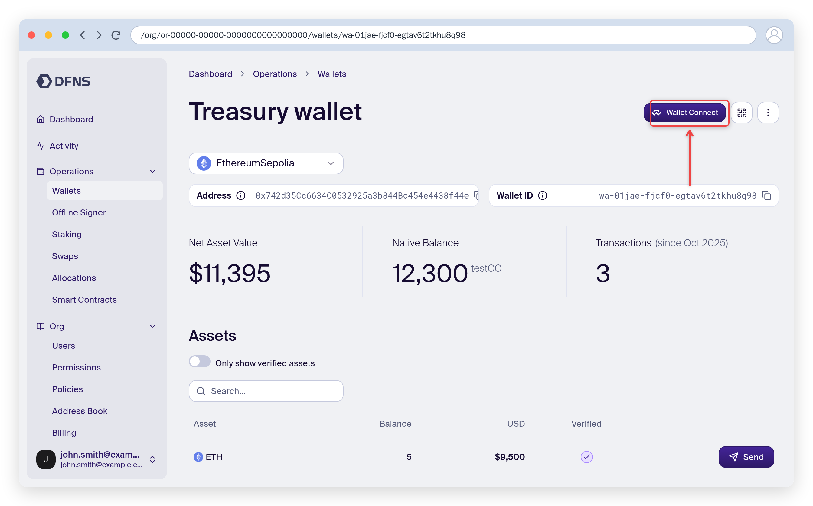 Wallet page with the WalletConnect button highlighted