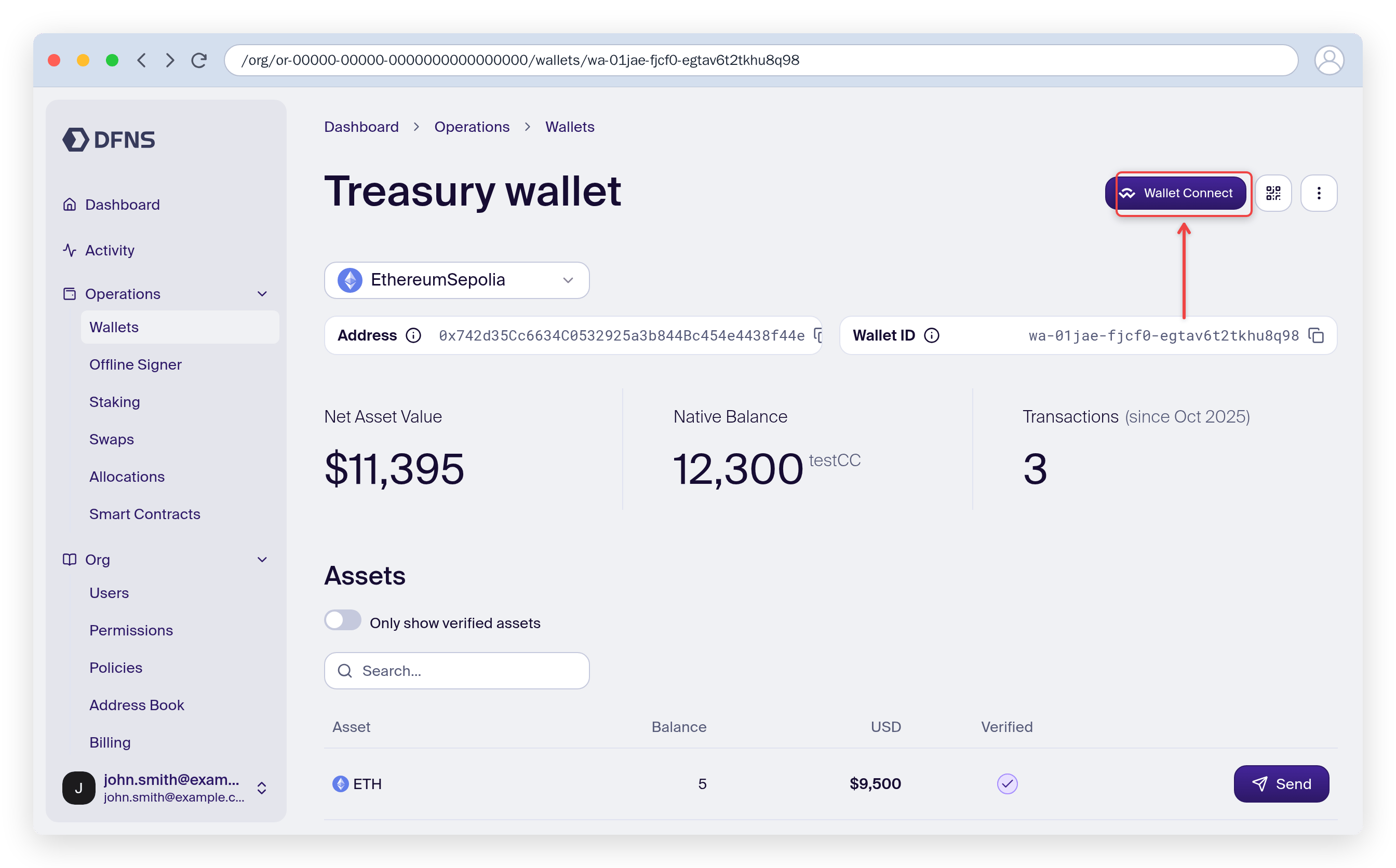 Wallet page with the WalletConnect button highlighted