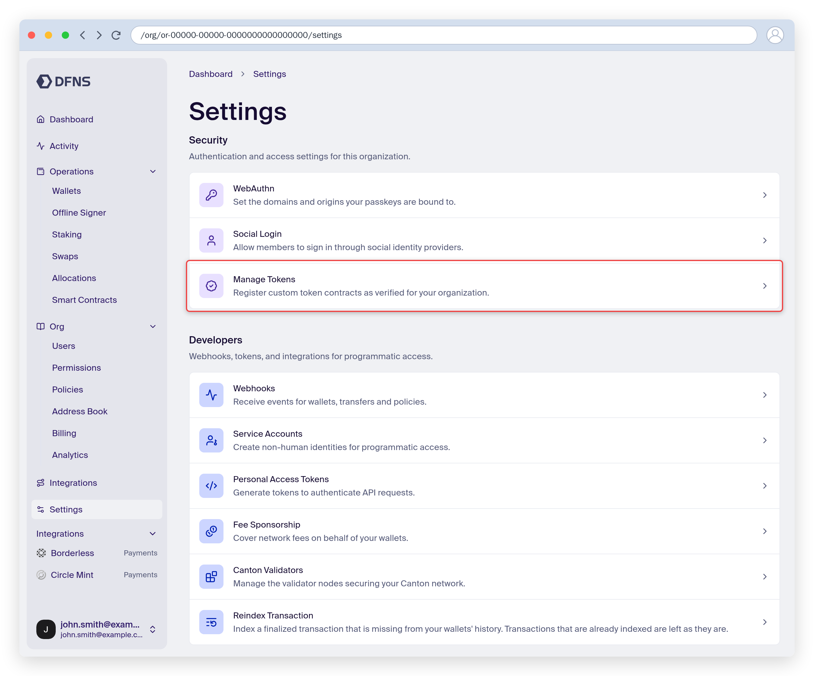 Settings page with the Manage Tokens card highlighted