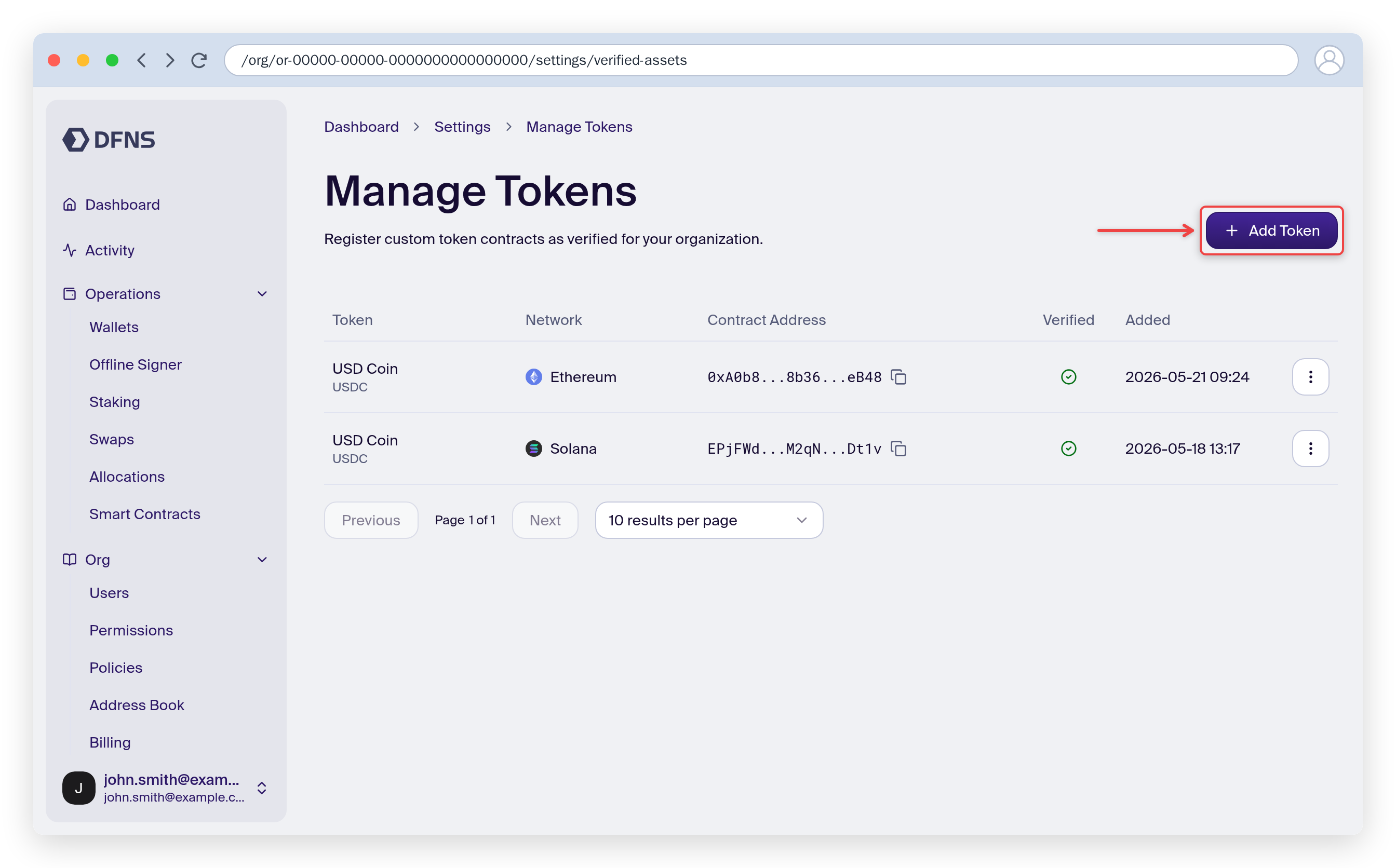 Manage Tokens page listing registered tokens, with the Add Token button highlighted