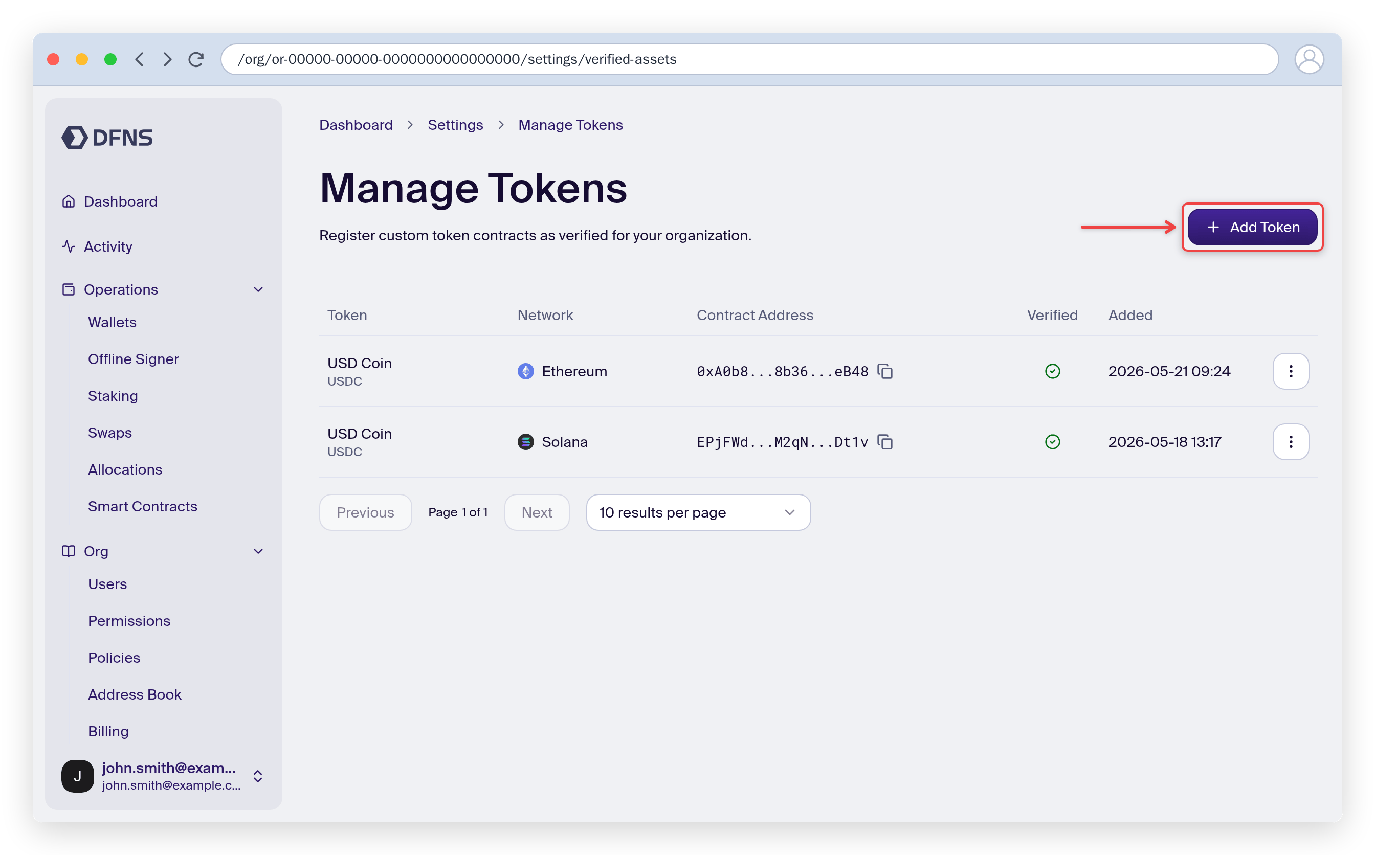 Manage Tokens page listing registered tokens, with the Add Token button highlighted